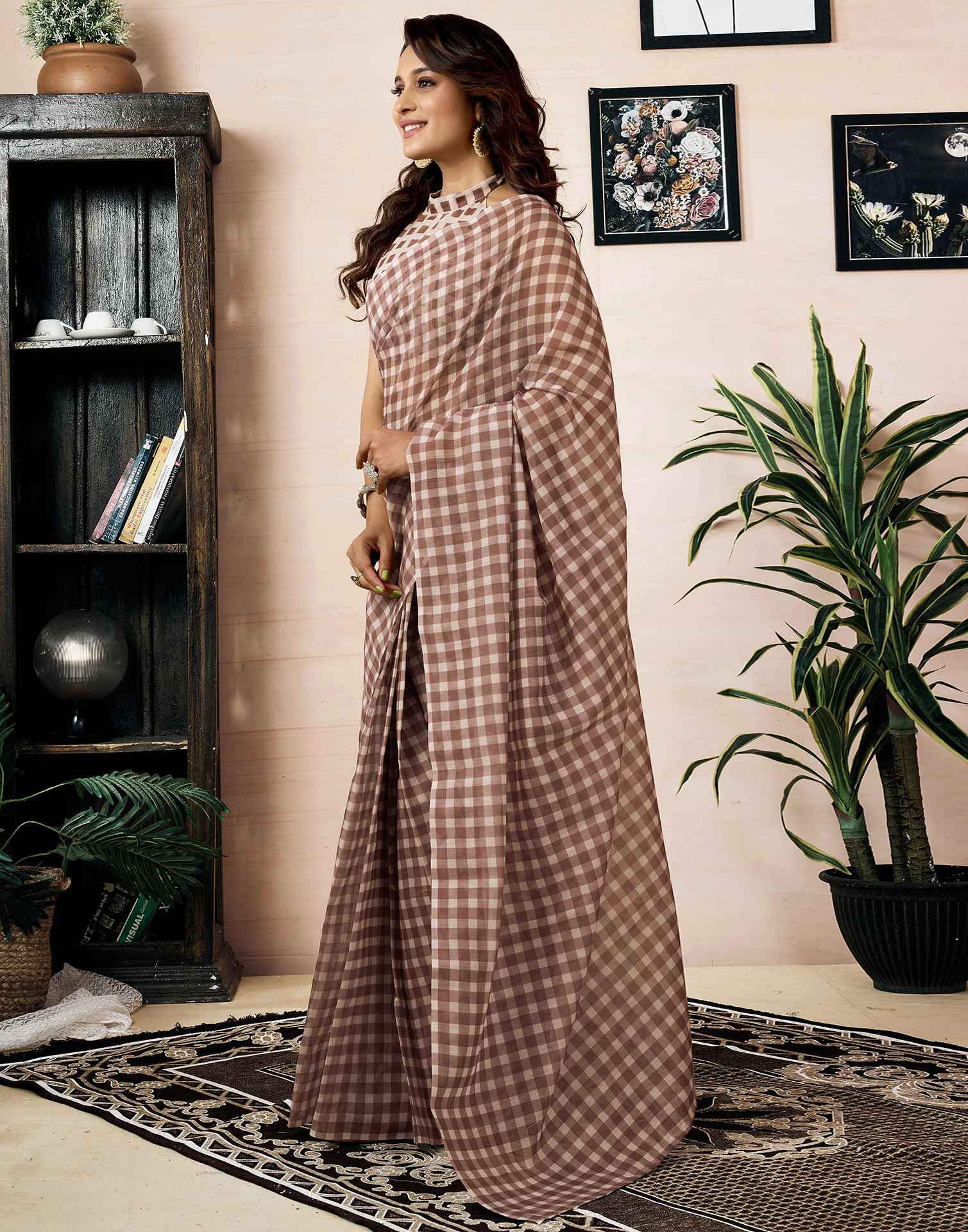 Ready To Wear Brow Chanderi Printed Saree With Pocket - Image 10