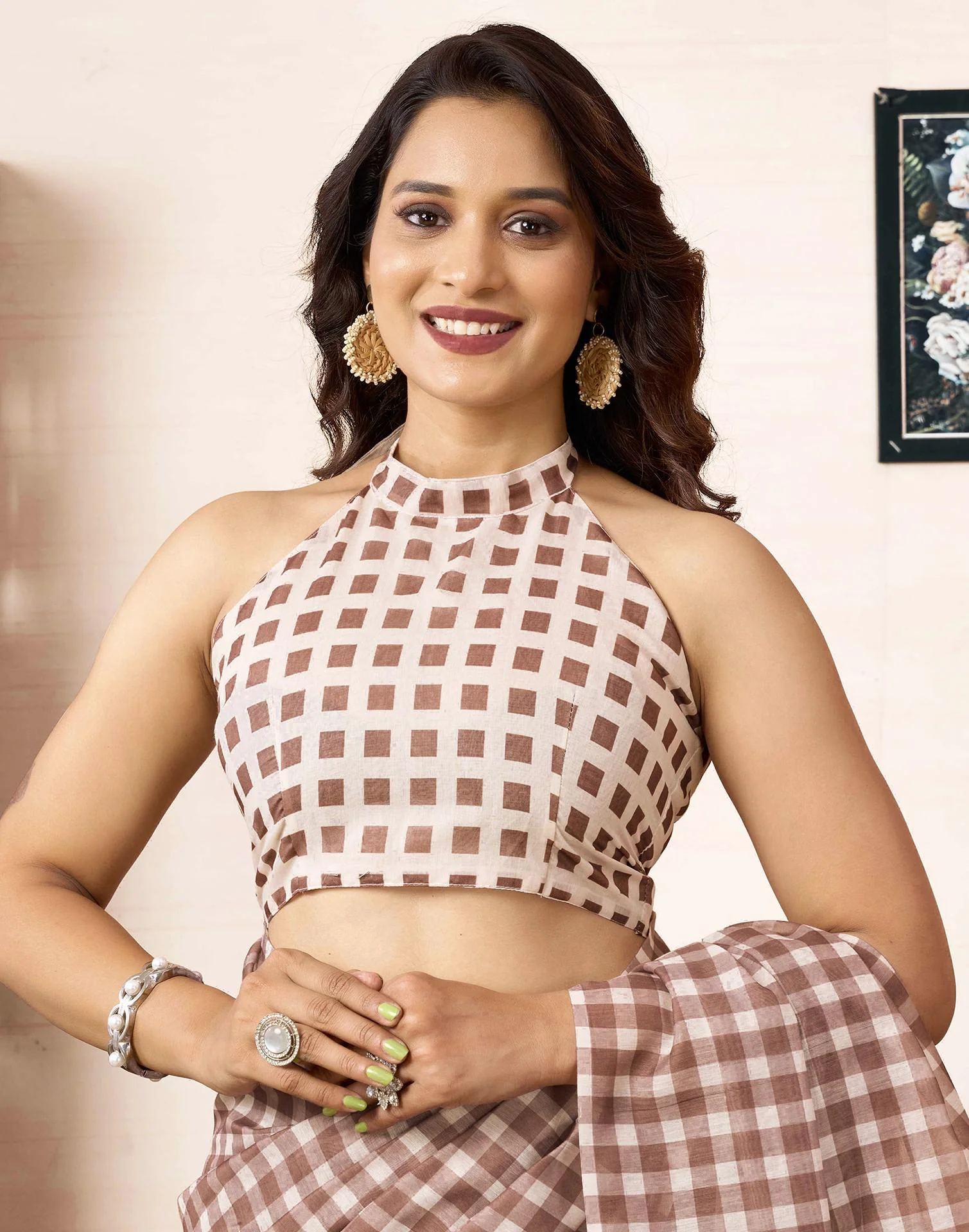 Ready To Wear Brow Chanderi Printed Saree With Pocket - Image 5