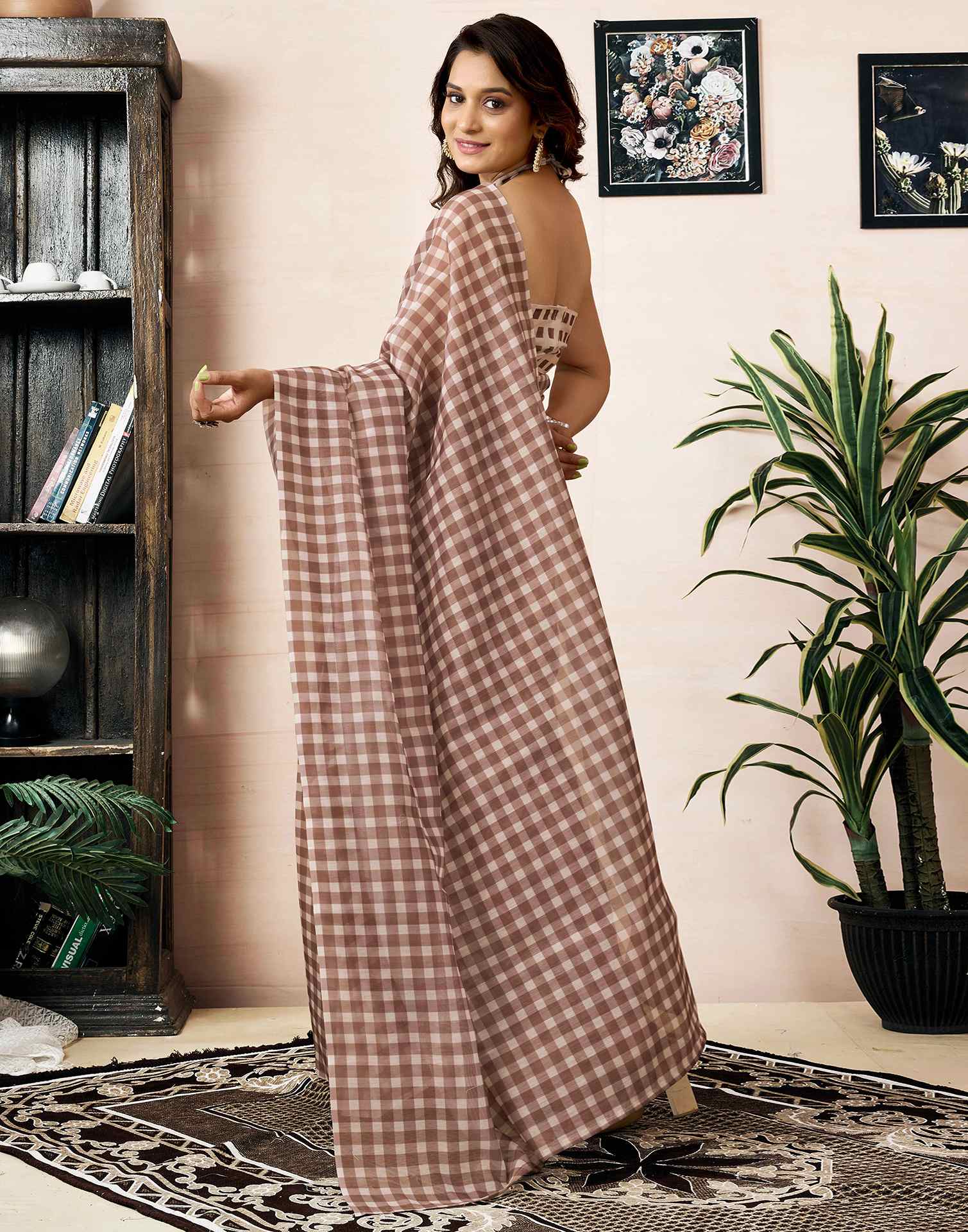 Ready To Wear Brow Chanderi Printed Saree With Pocket - Image 8