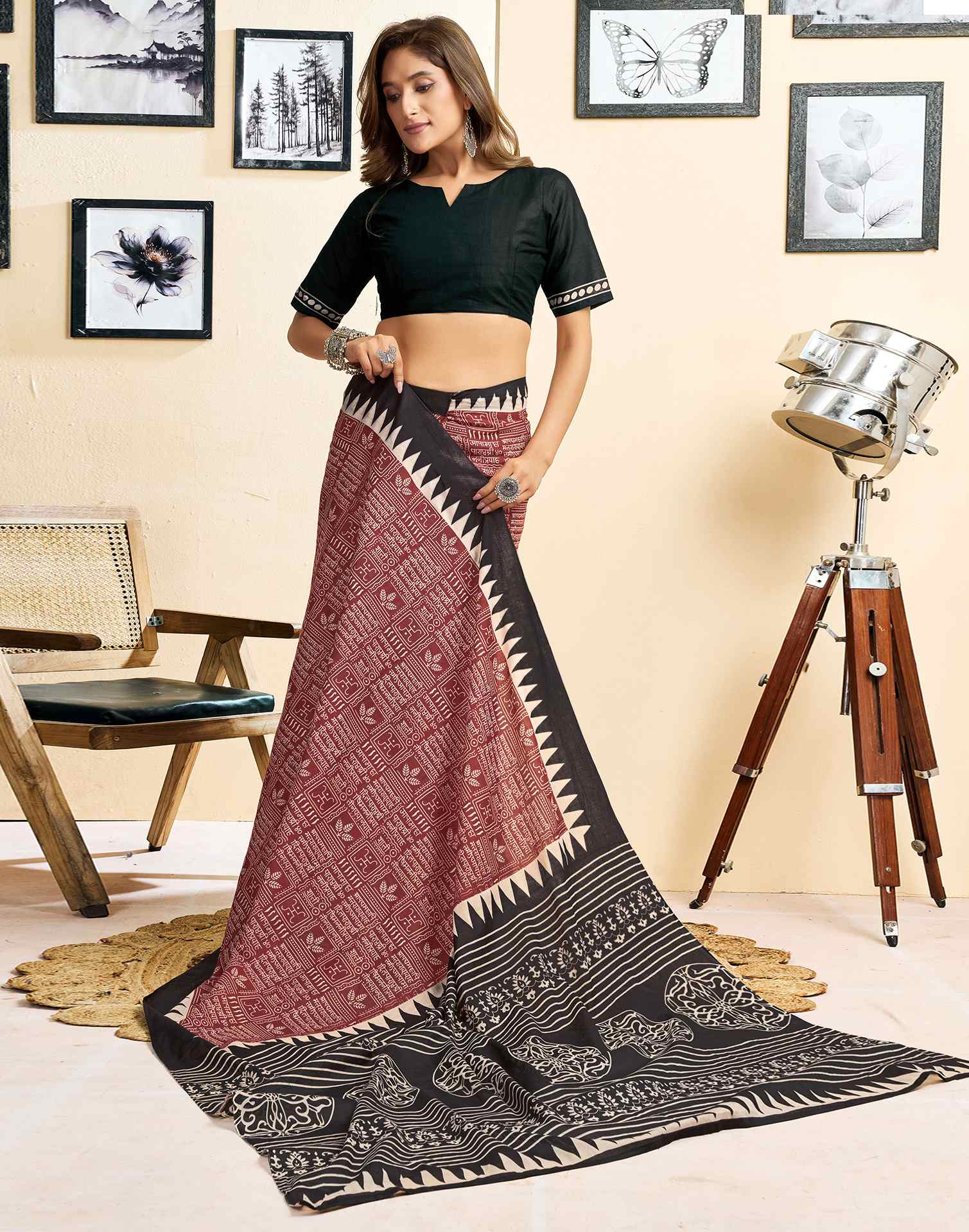 Ready To Wear Brown Cotton Printed Saree - Image 8