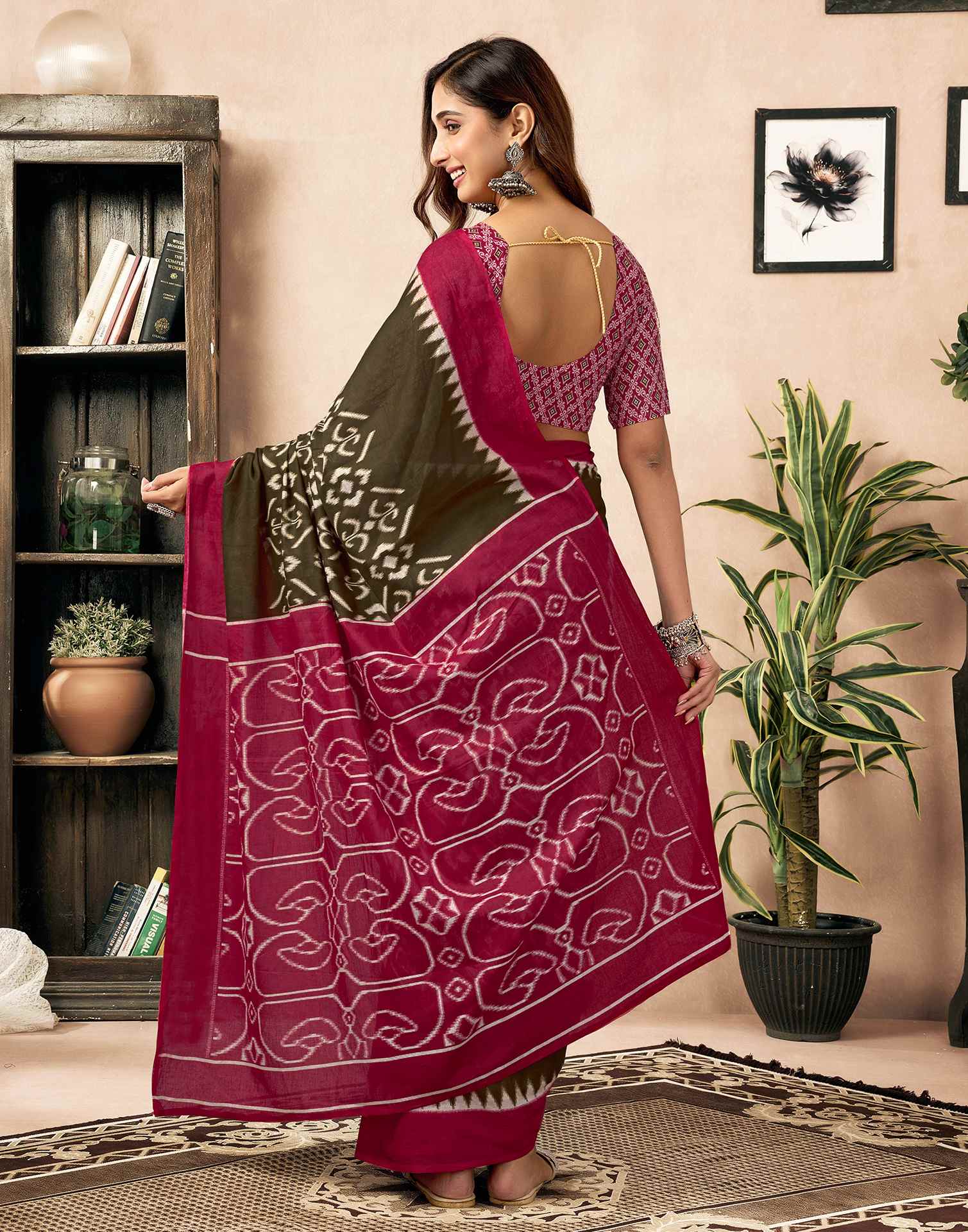 Ready To Wear Brown Cotton Printed Saree With Pocket - Image 10