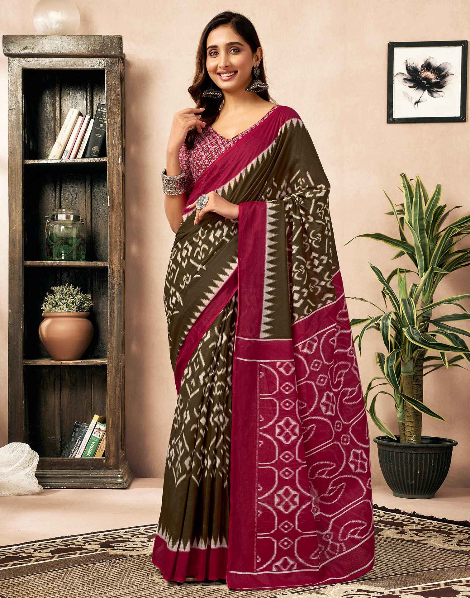 Ready To Wear Brown Cotton Printed Saree With Pocket - Image 7