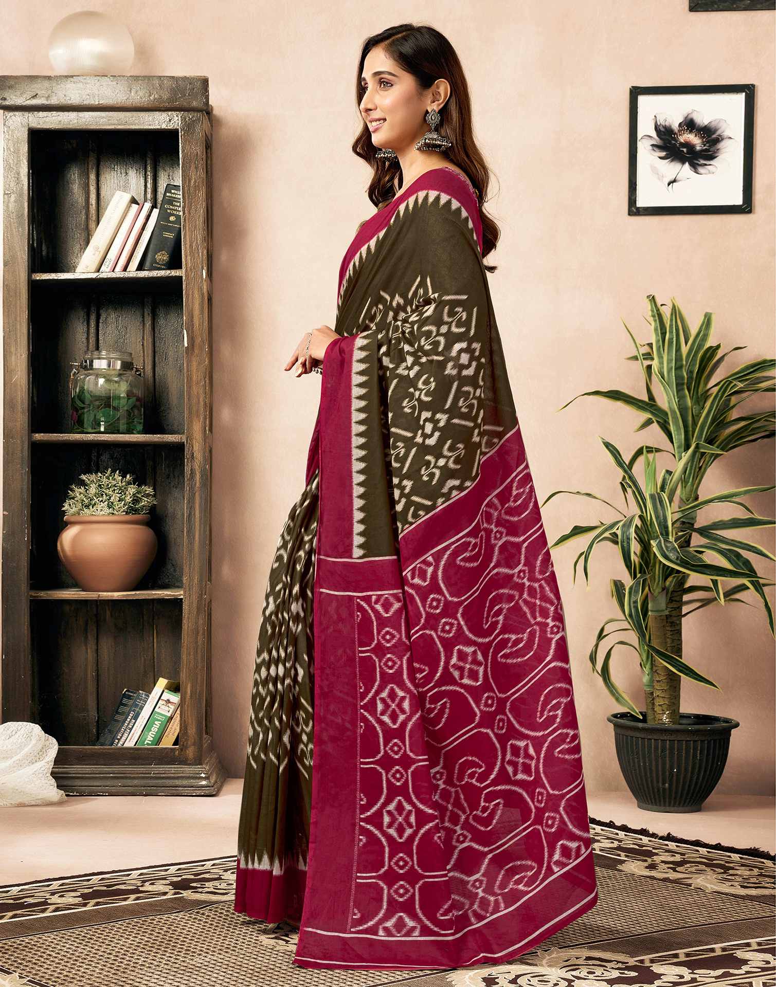 Ready To Wear Brown Cotton Printed Saree With Pocket - Image 8