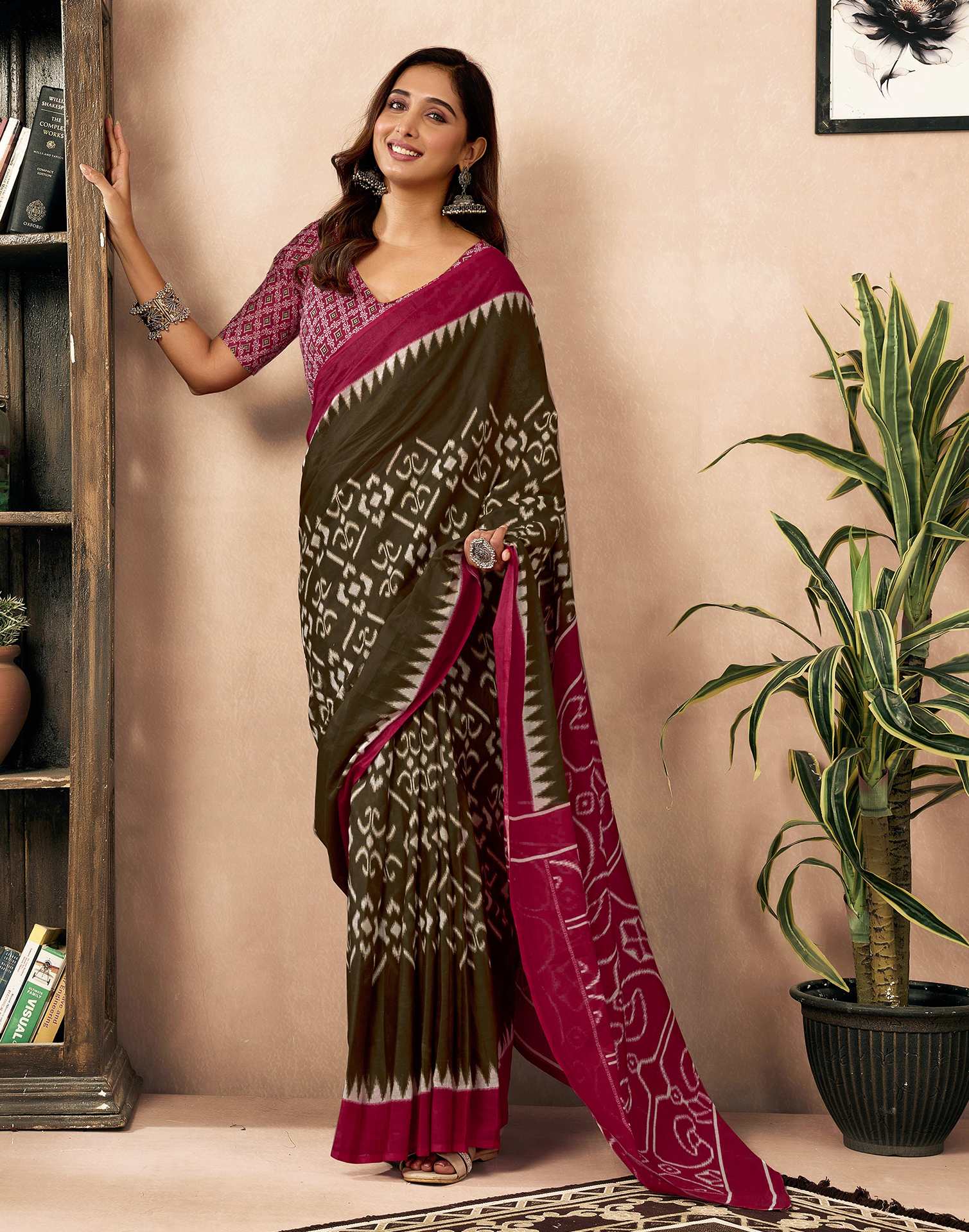 Ready To Wear Brown Cotton Printed Saree With Pocket - Image 9