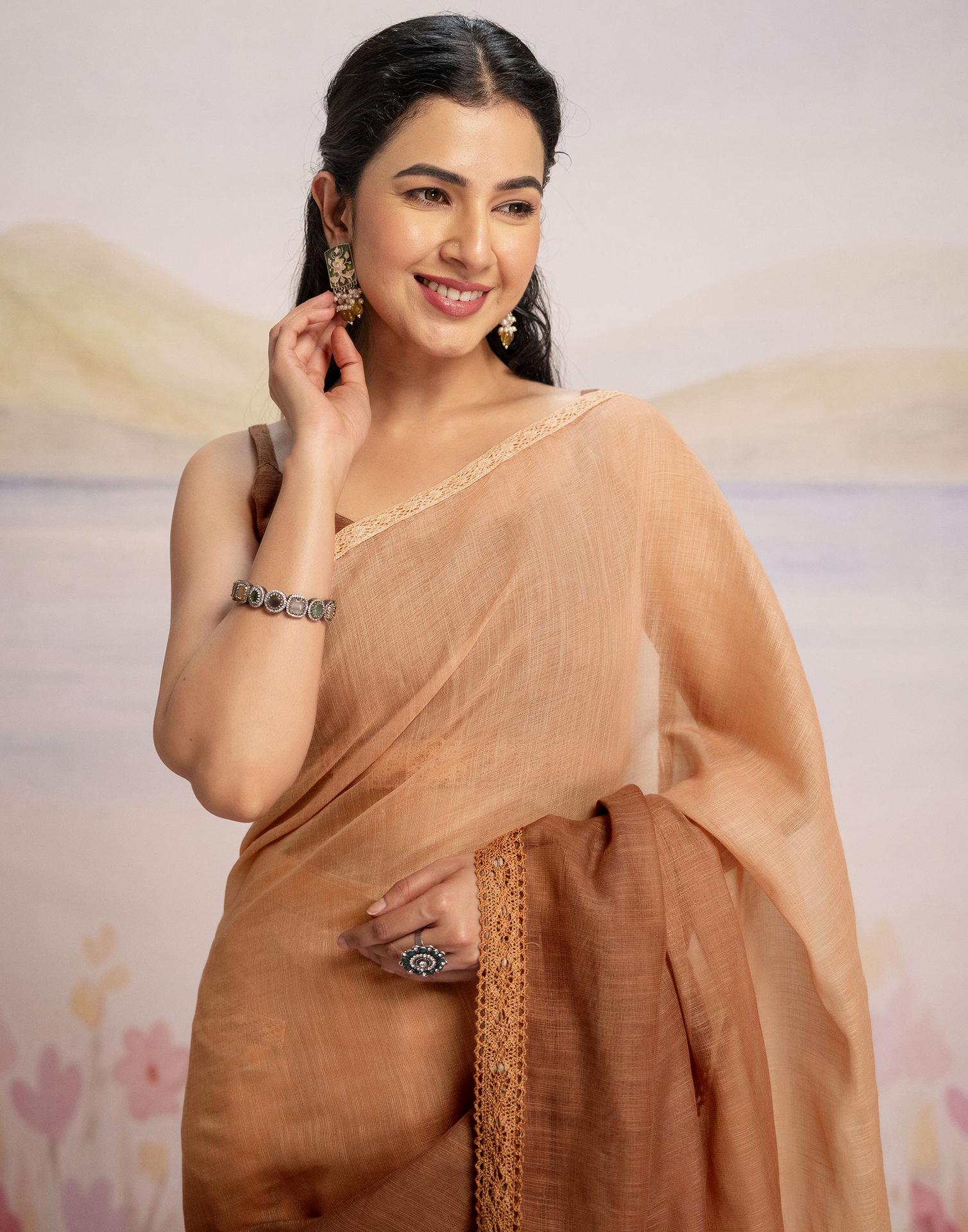 Ready To Wear Brown Linen Ombre Lace Saree With Pocket - Image 11
