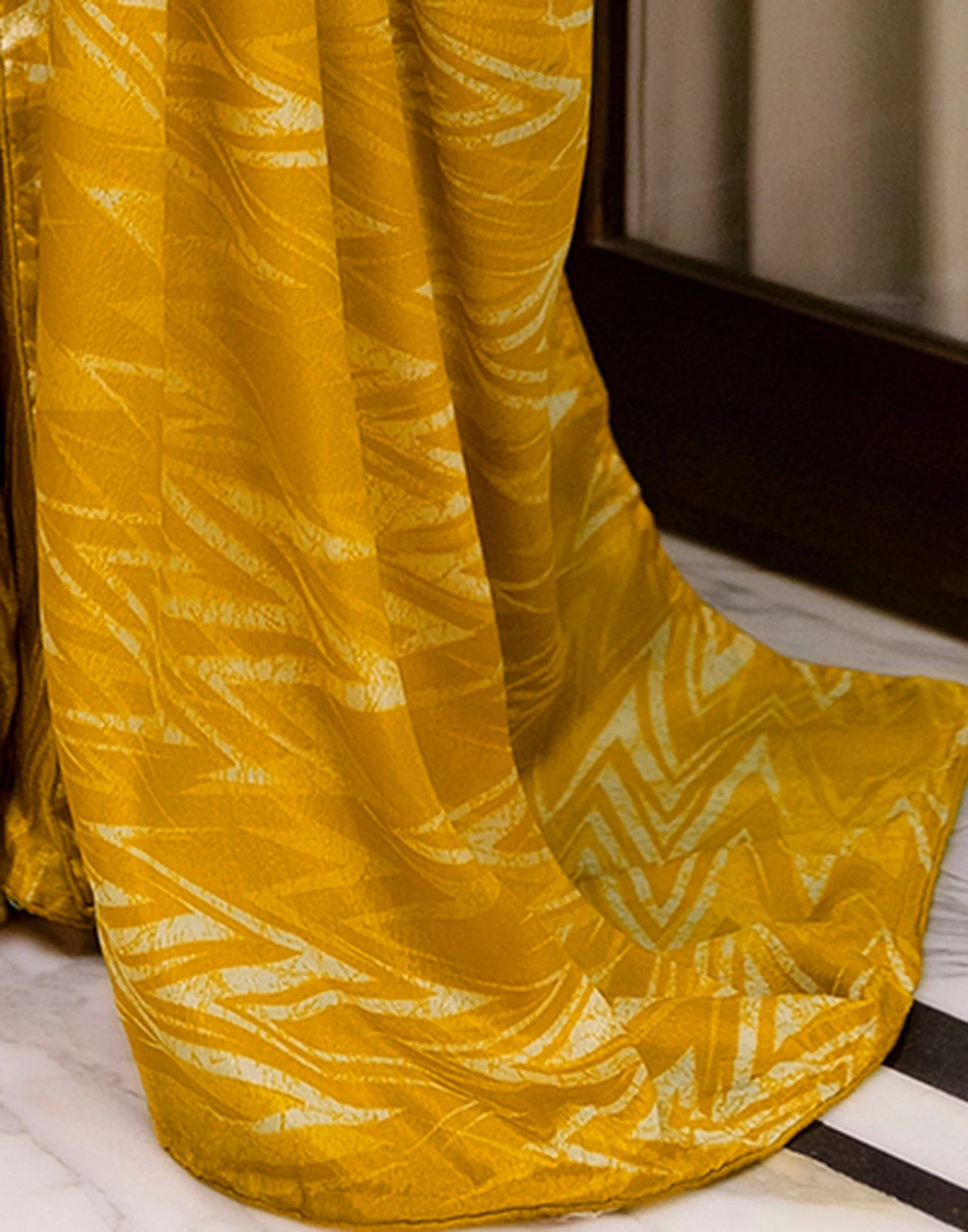 Ready To Wear Brown Yellow Chinnon Printed Saree - Image 10