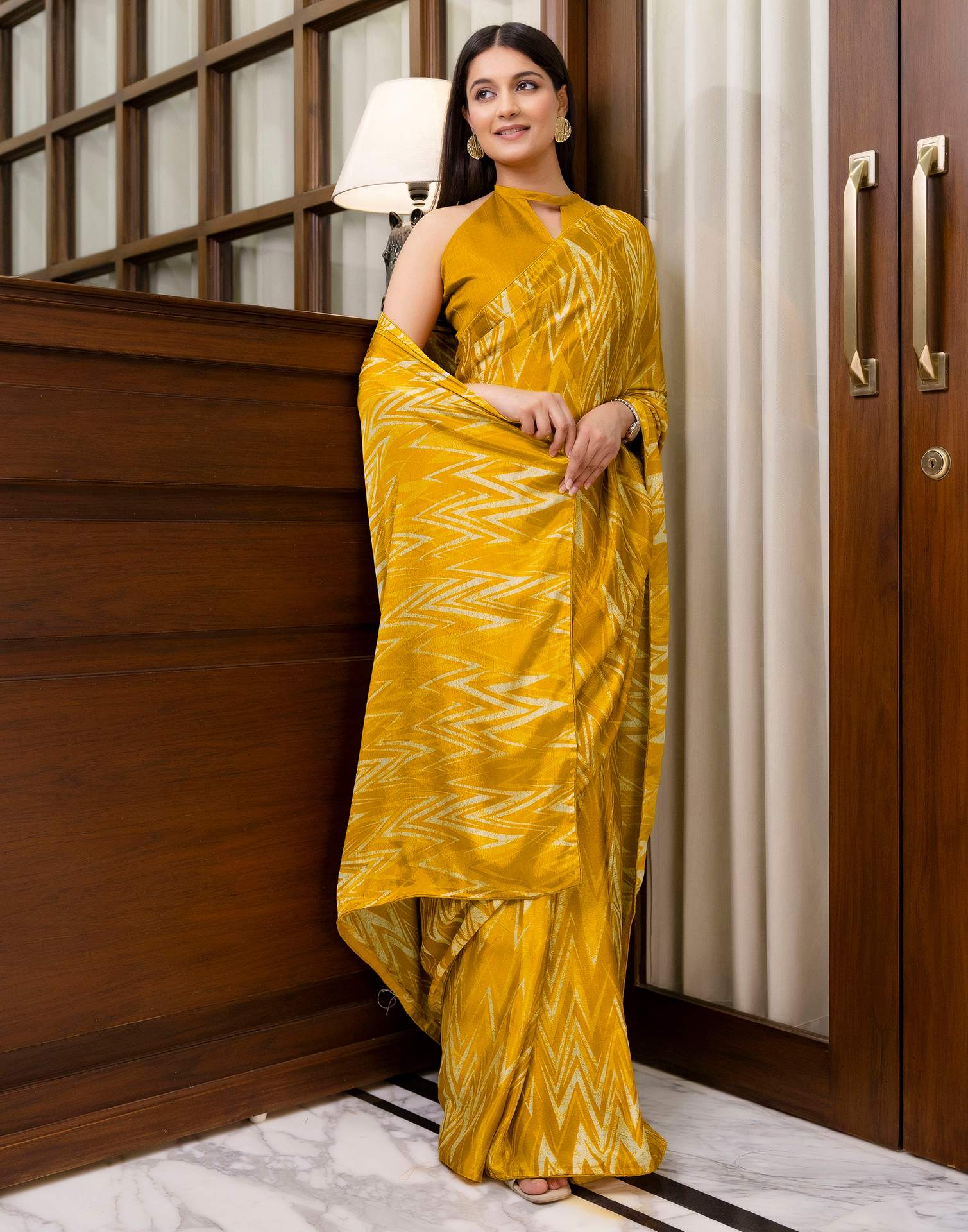 Ready To Wear Brown Yellow Chinnon Printed Saree - Image 6