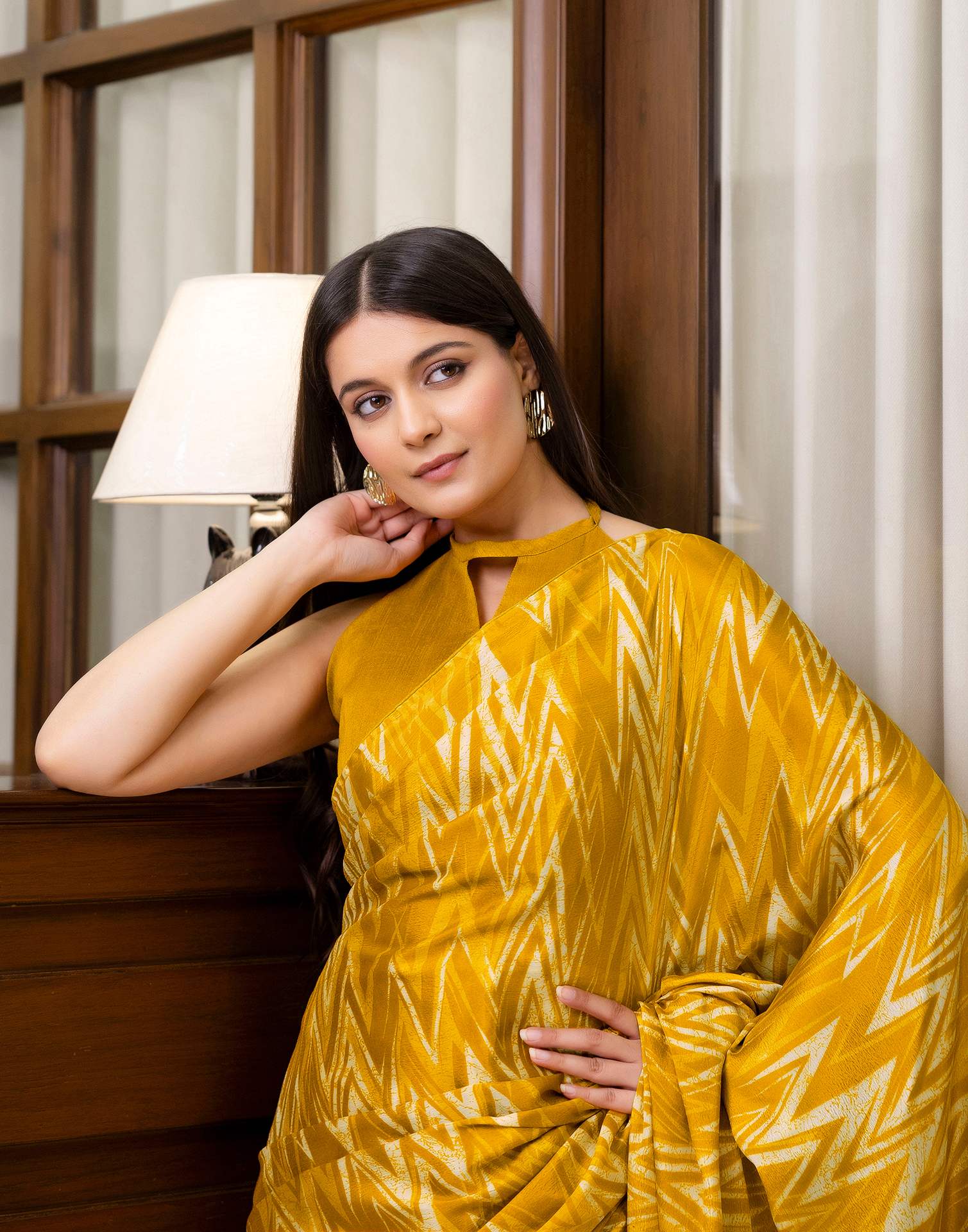 Ready To Wear Brown Yellow Chinnon Printed Saree - Image 8