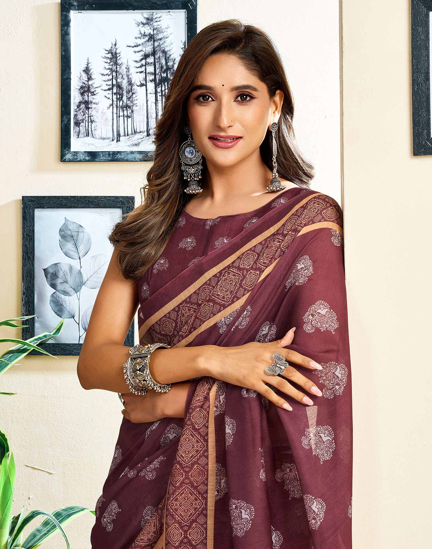 Ready To Wear Coffee Brown Chanderi Cotton Printed Saree - Image 4