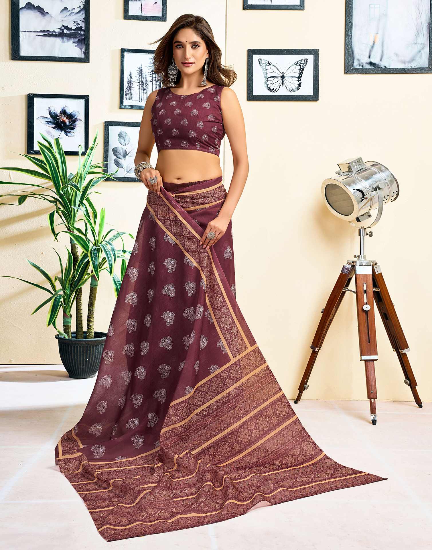 Ready To Wear Coffee Brown Chanderi Cotton Printed Saree - Image 5