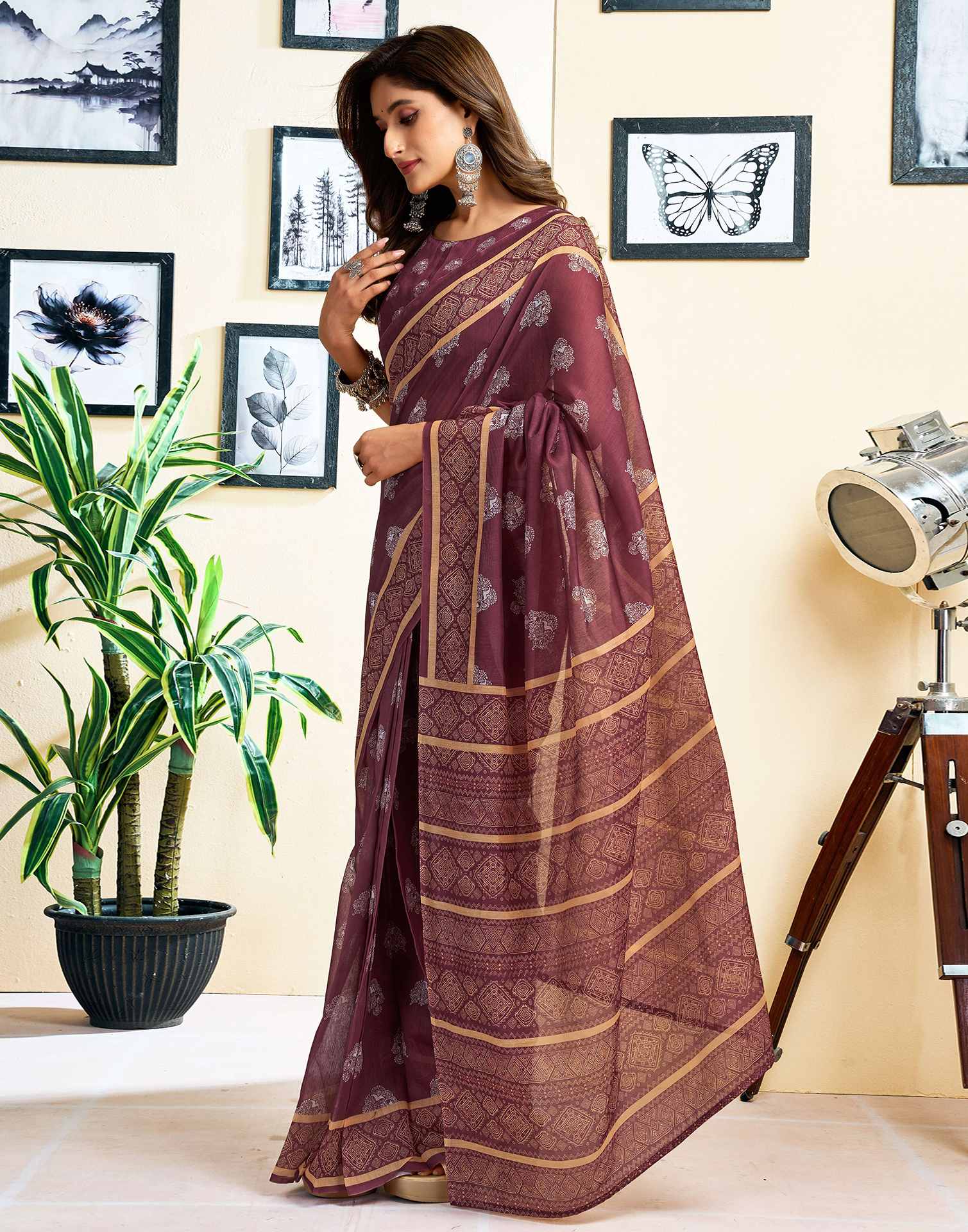 Ready To Wear Coffee Brown Chanderi Cotton Printed Saree - Image 6