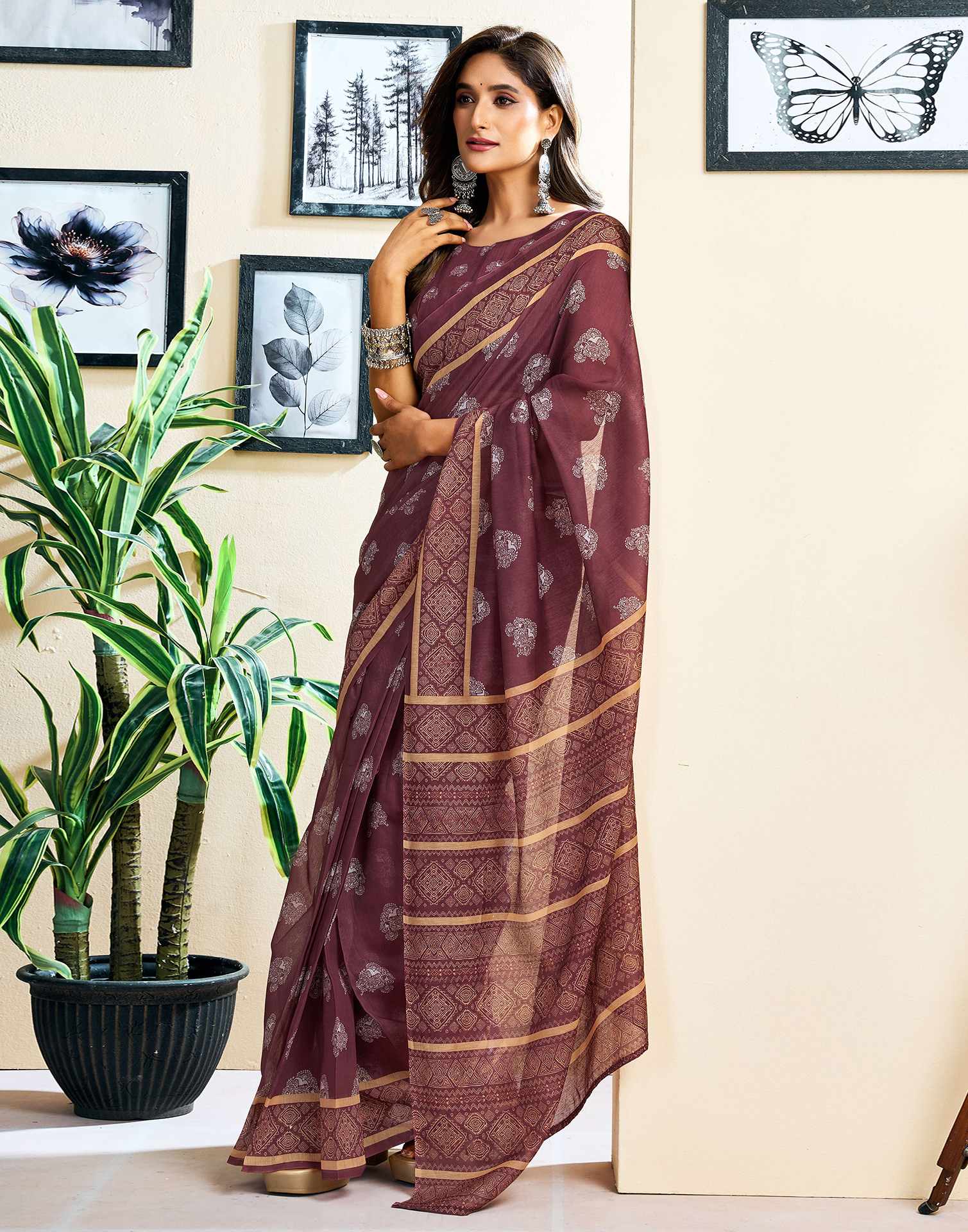 Ready To Wear Coffee Brown Chanderi Cotton Printed Saree - Image 7