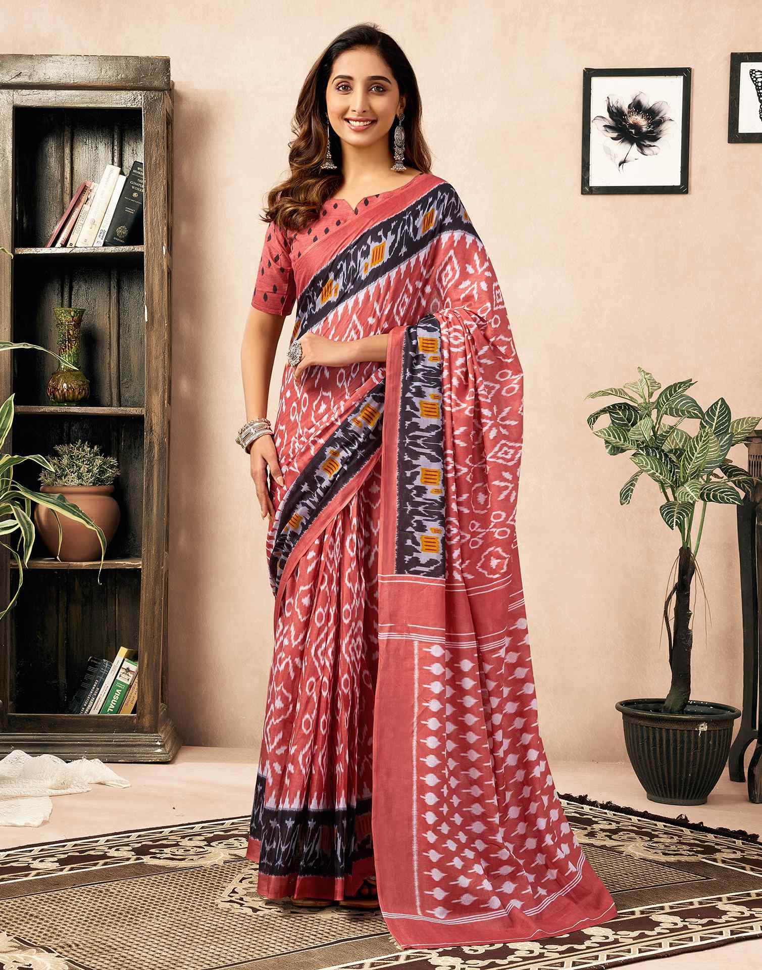 Ready To Wear Coral Orange Cotton Ikkat Printed Saree - Image 2