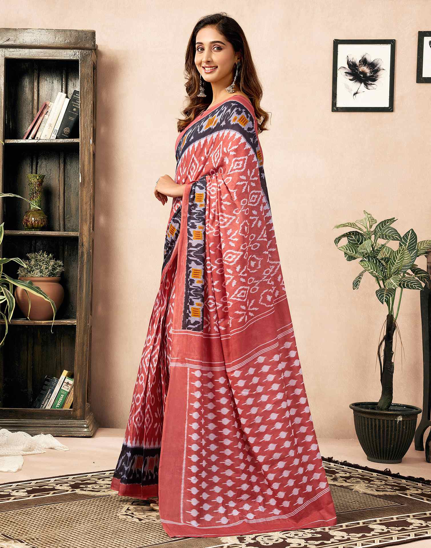 Ready To Wear Coral Orange Cotton Ikkat Printed Saree - Image 3