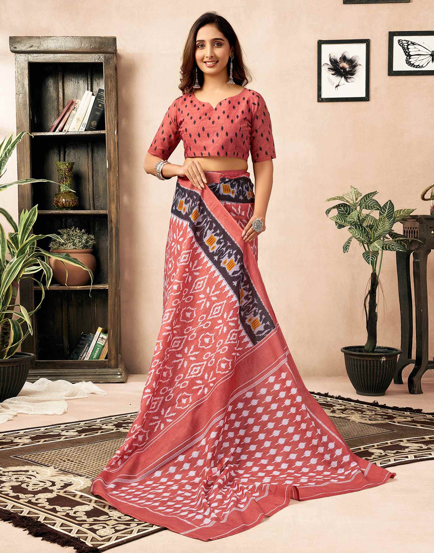 Ready To Wear Coral Orange Cotton Ikkat Printed Saree - Image 7