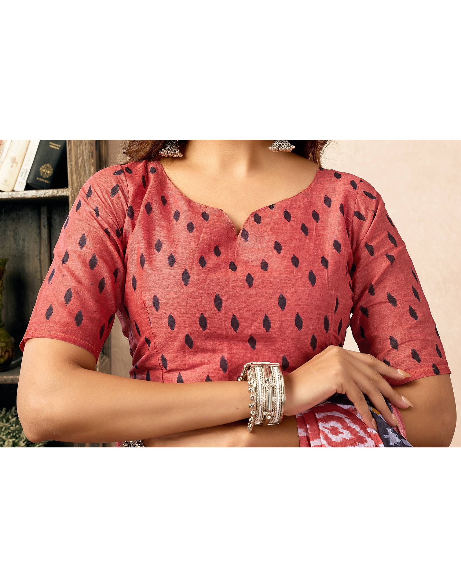Ready To Wear Coral Orange Cotton Ikkat Printed Saree - Image 9