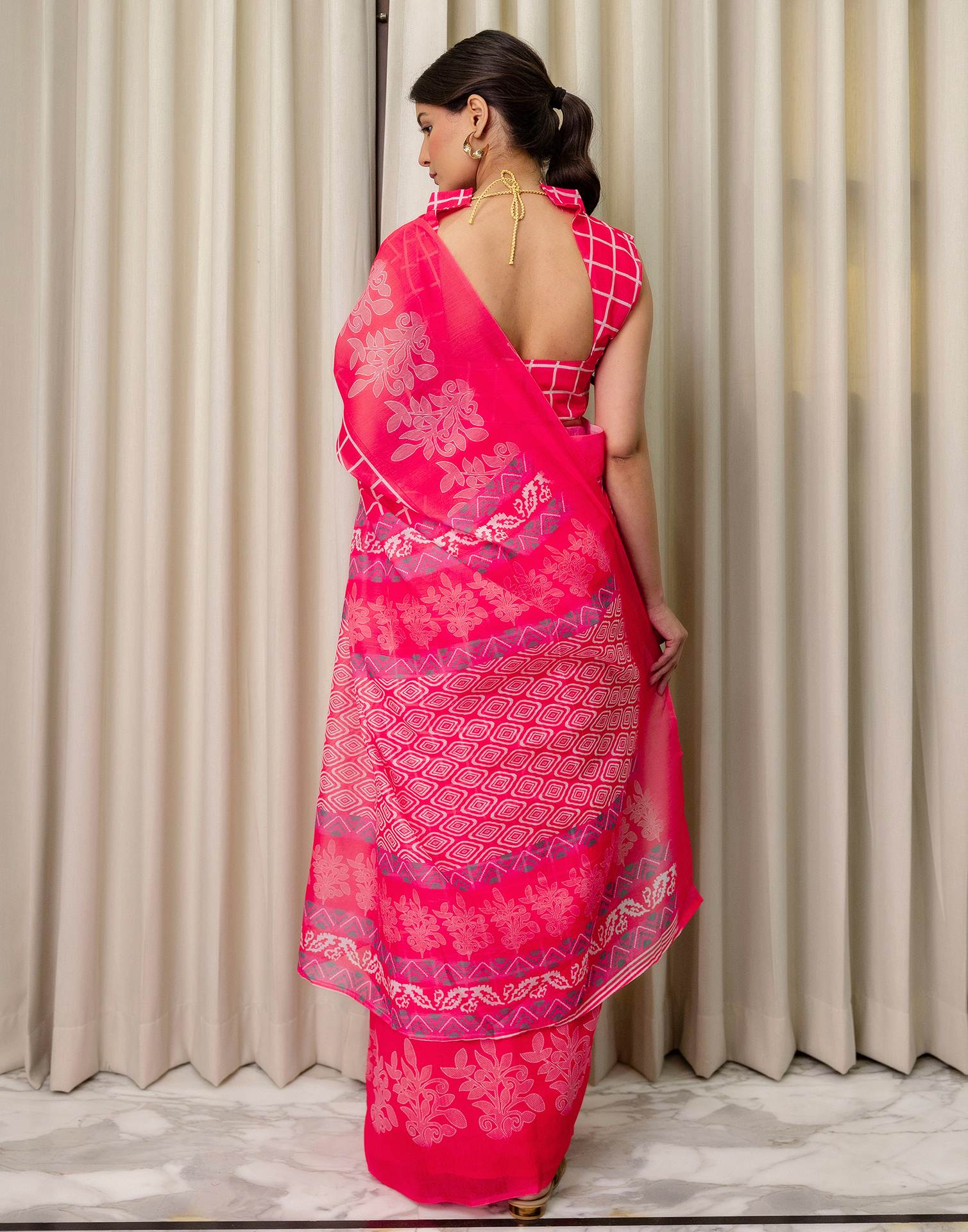 Ready To Wear Coral Pink Linen Printed Saree - Image 8