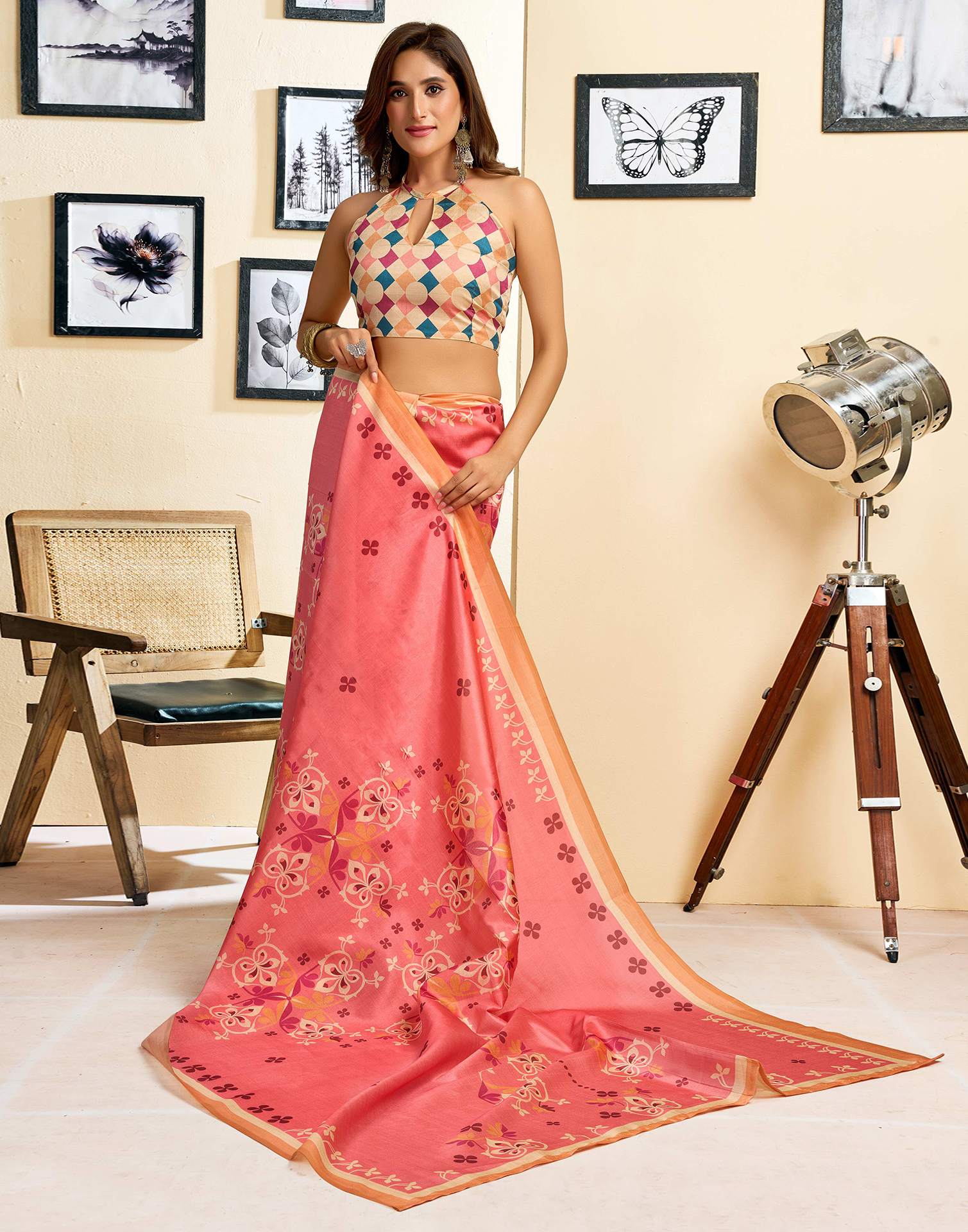 Ready To Wear Coral Pink Silk Printed Saree - Image 2
