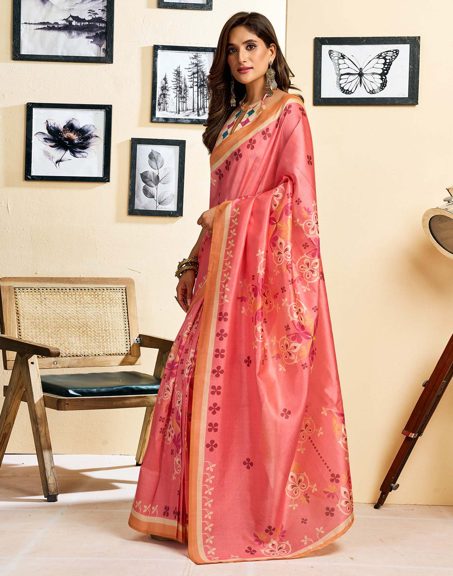 Ready To Wear Coral Pink Silk Printed Saree - Image 6