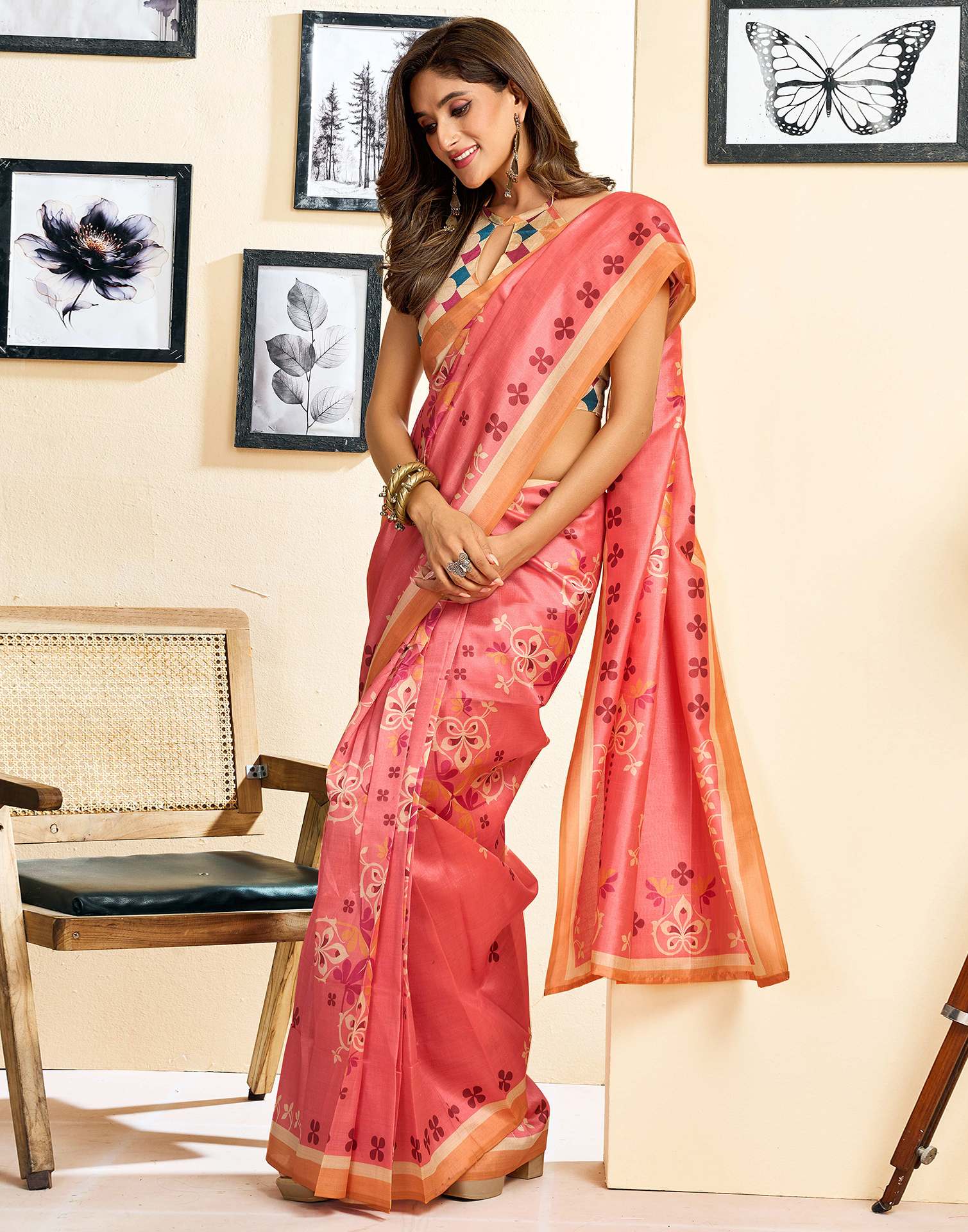 Ready To Wear Coral Pink Silk Printed Saree - Image 7