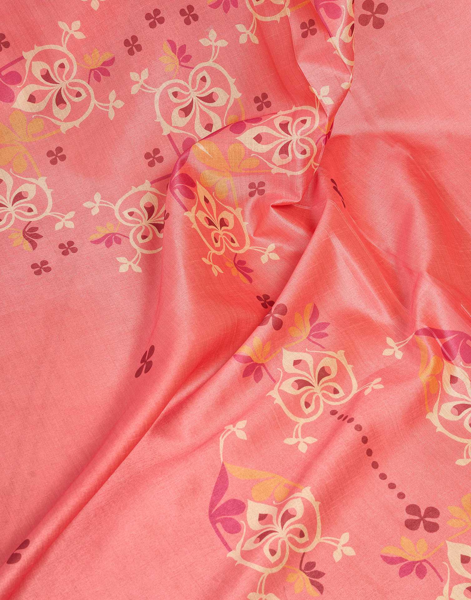 Ready To Wear Coral Pink Silk Printed Saree - Image 9