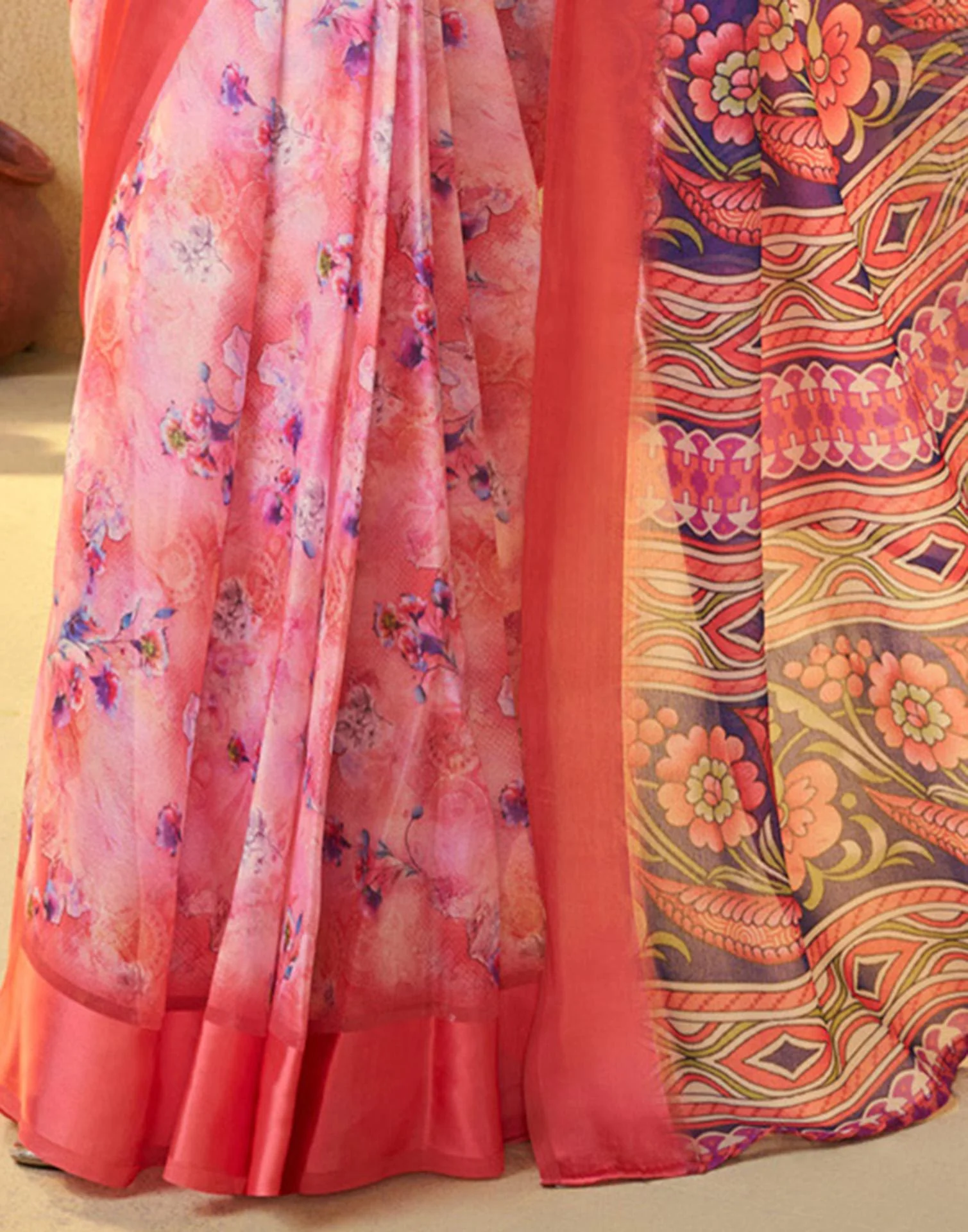 Ready To Wear Coral Red Georgette Floral Printed Saree - Image 10