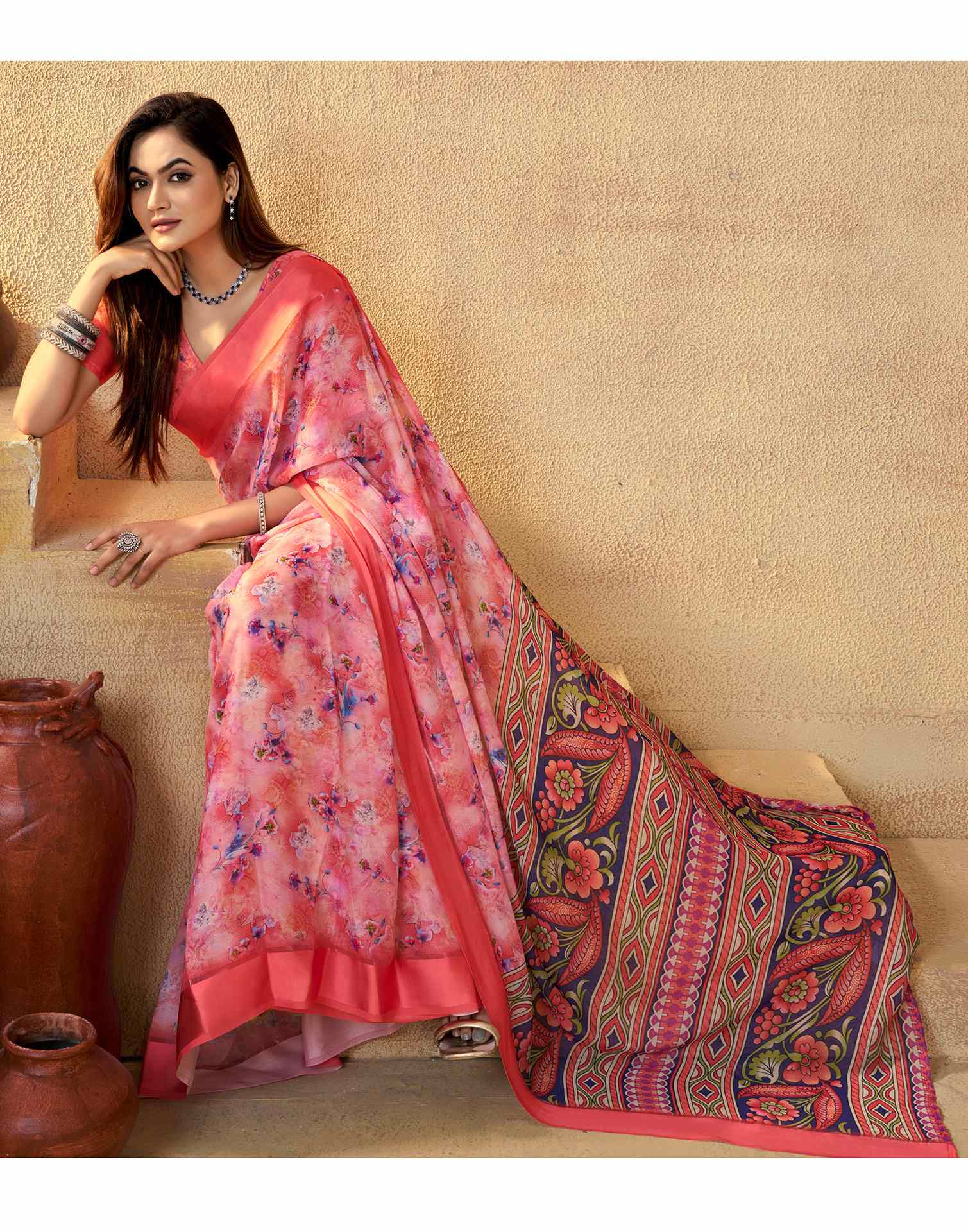 Ready To Wear Coral Red Georgette Floral Printed Saree - Image 5