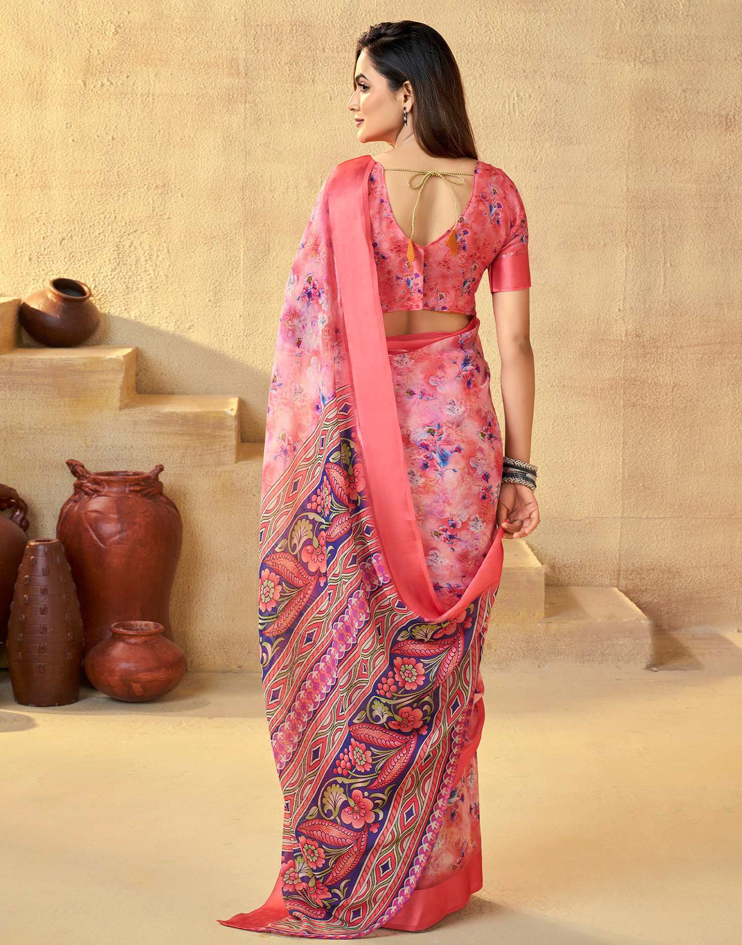 Ready To Wear Coral Red Georgette Floral Printed Saree - Image 6