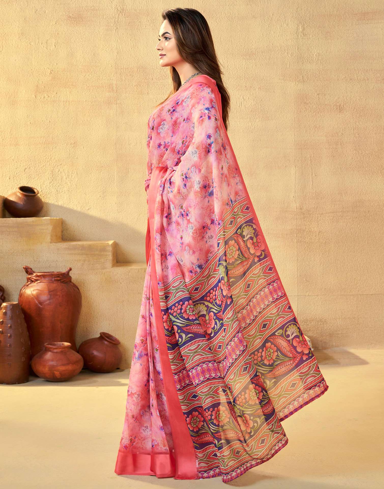 Ready To Wear Coral Red Georgette Floral Printed Saree - Image 7