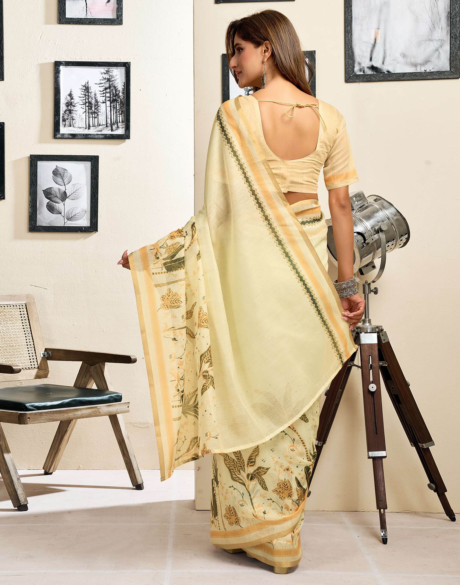 Ready To Wear Cream Chanderi Cotton Printed Saree - Image 8