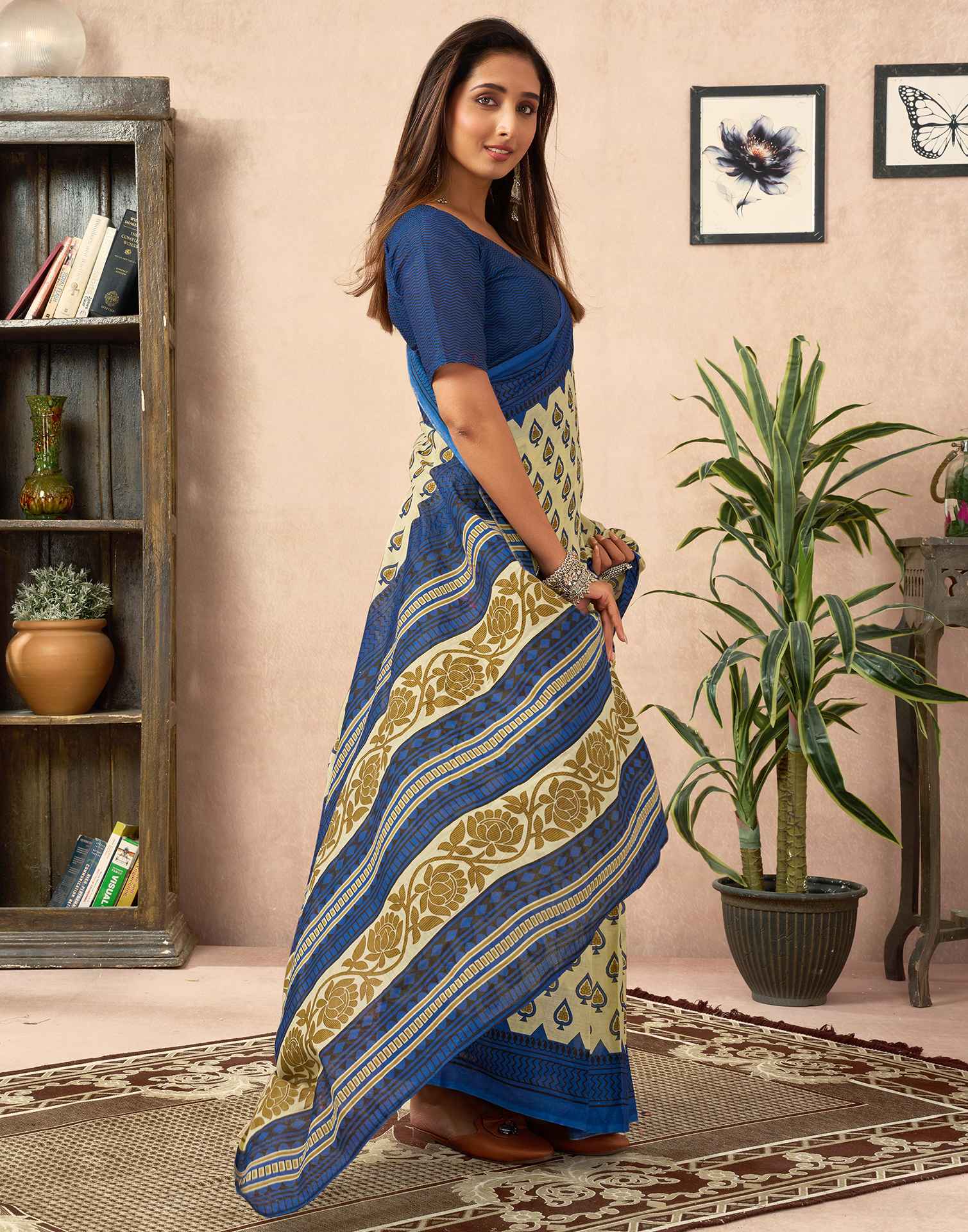 Ready To Wear Cream Cotton Printed Saree - Image 6