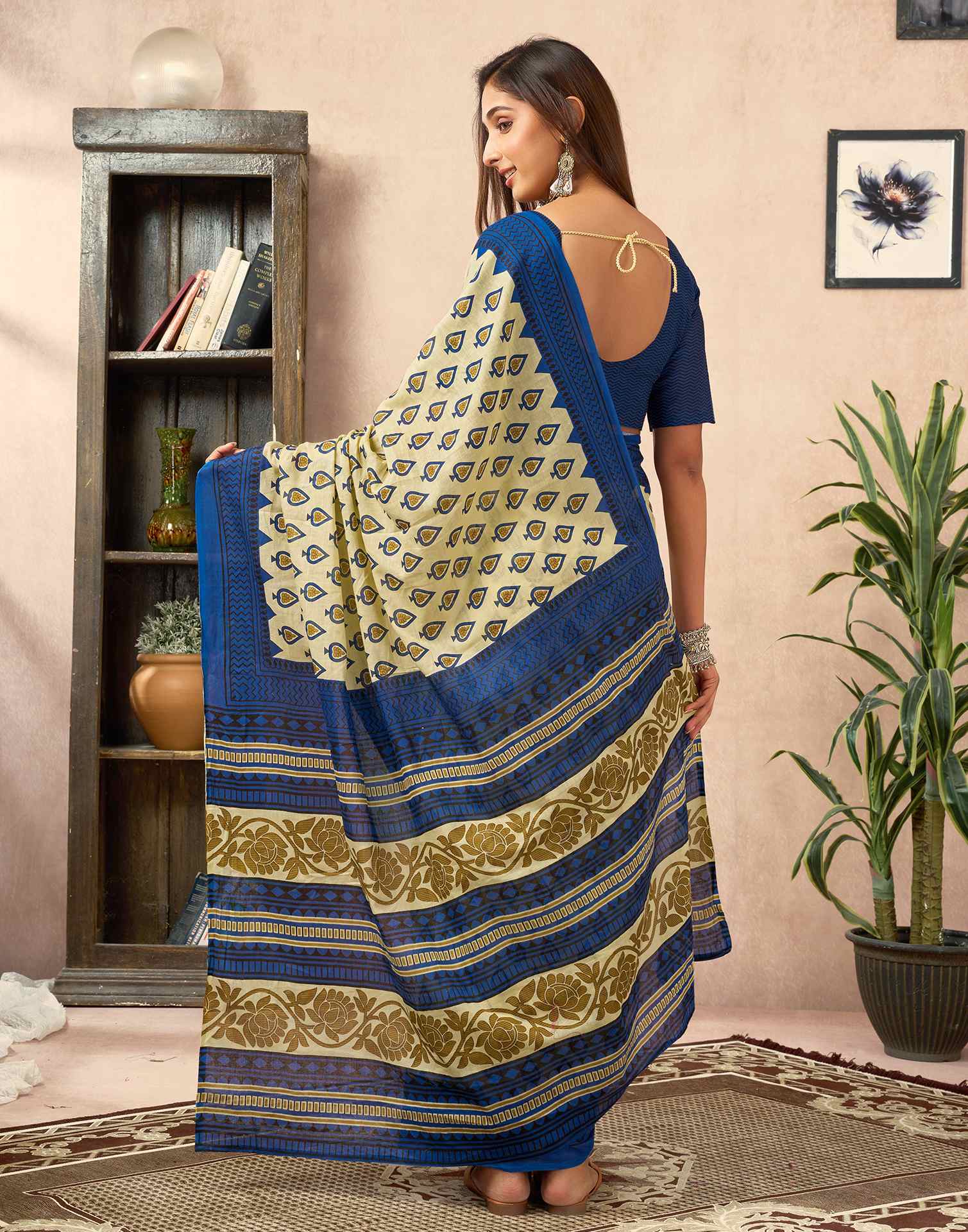 Ready To Wear Cream Cotton Printed Saree - Image 7