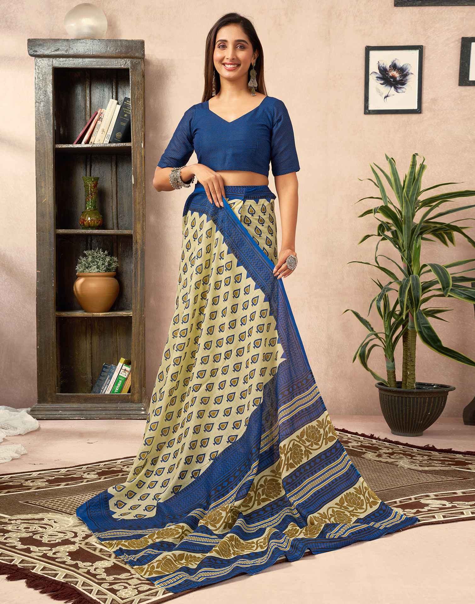 Ready To Wear Cream Cotton Printed Saree - Image 8