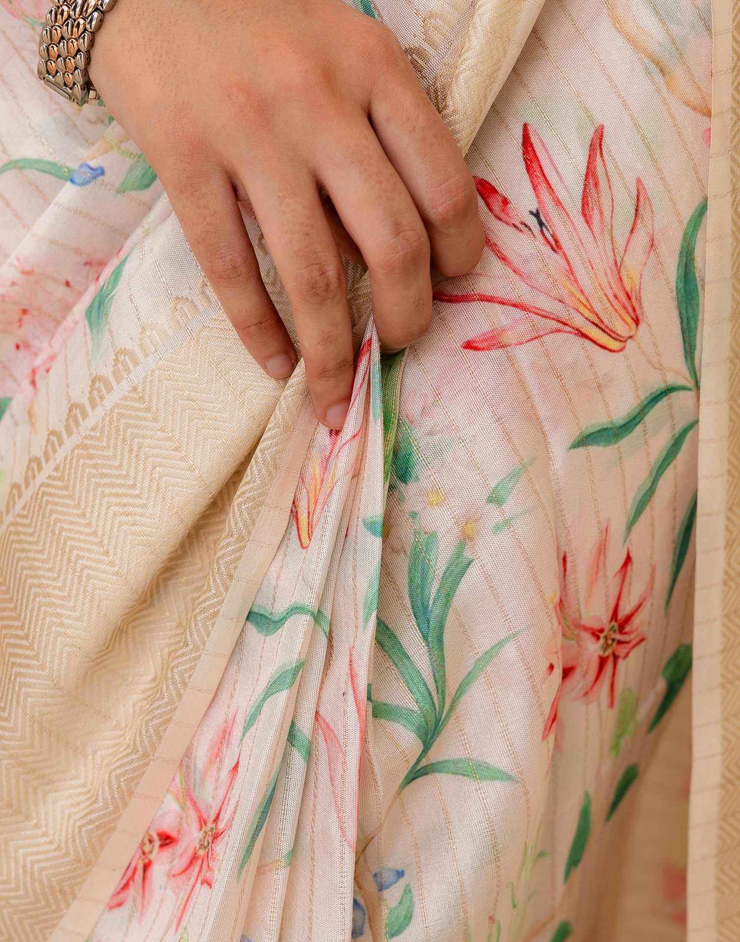 Ready To Wear Cream Dola Silk Floral Printed Saree - Image 10