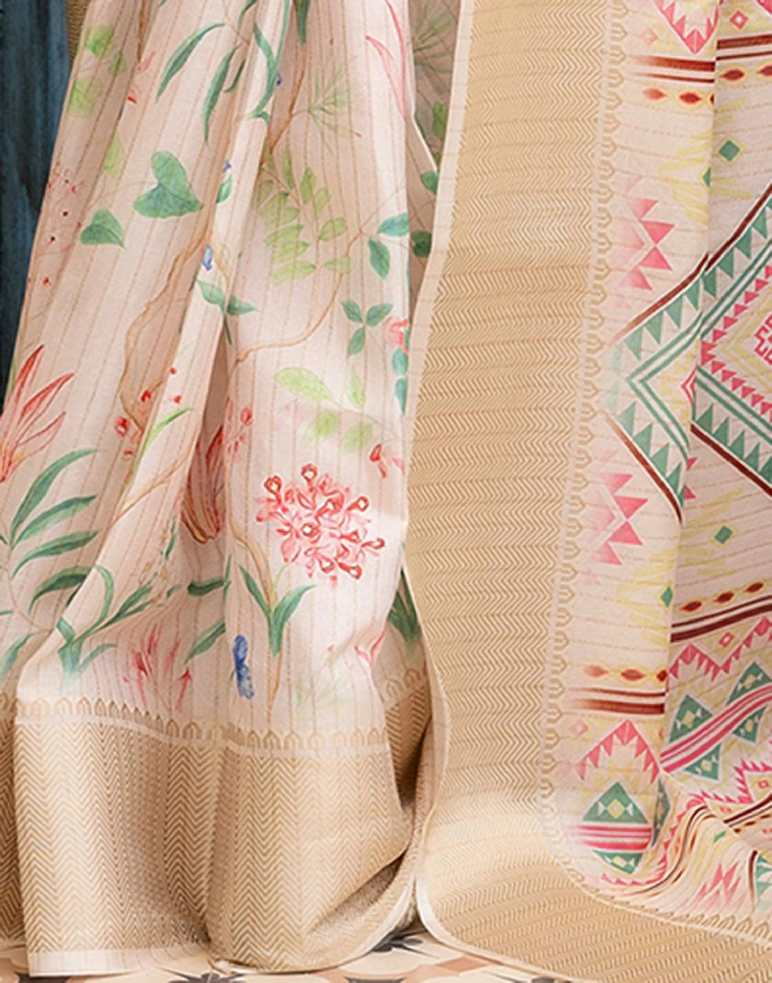 Ready To Wear Cream Dola Silk Floral Printed Saree - Image 11