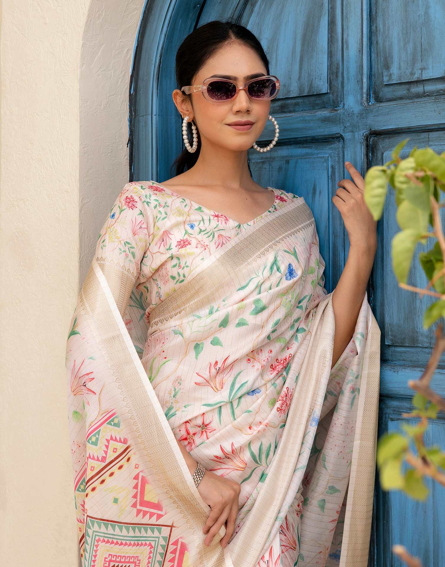 Ready To Wear Cream Dola Silk Floral Printed Saree - Image 4