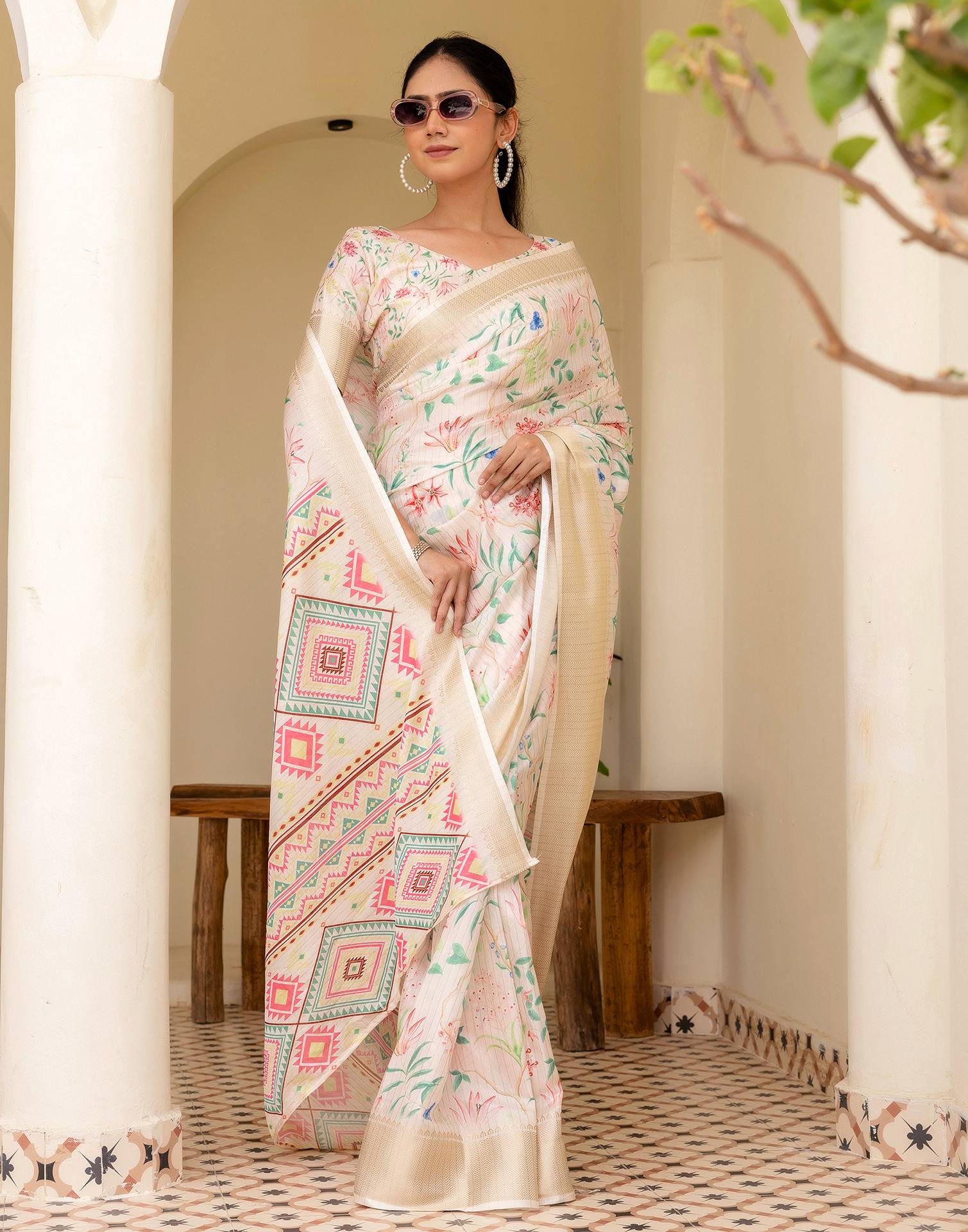 Ready To Wear Cream Dola Silk Floral Printed Saree - Image 6
