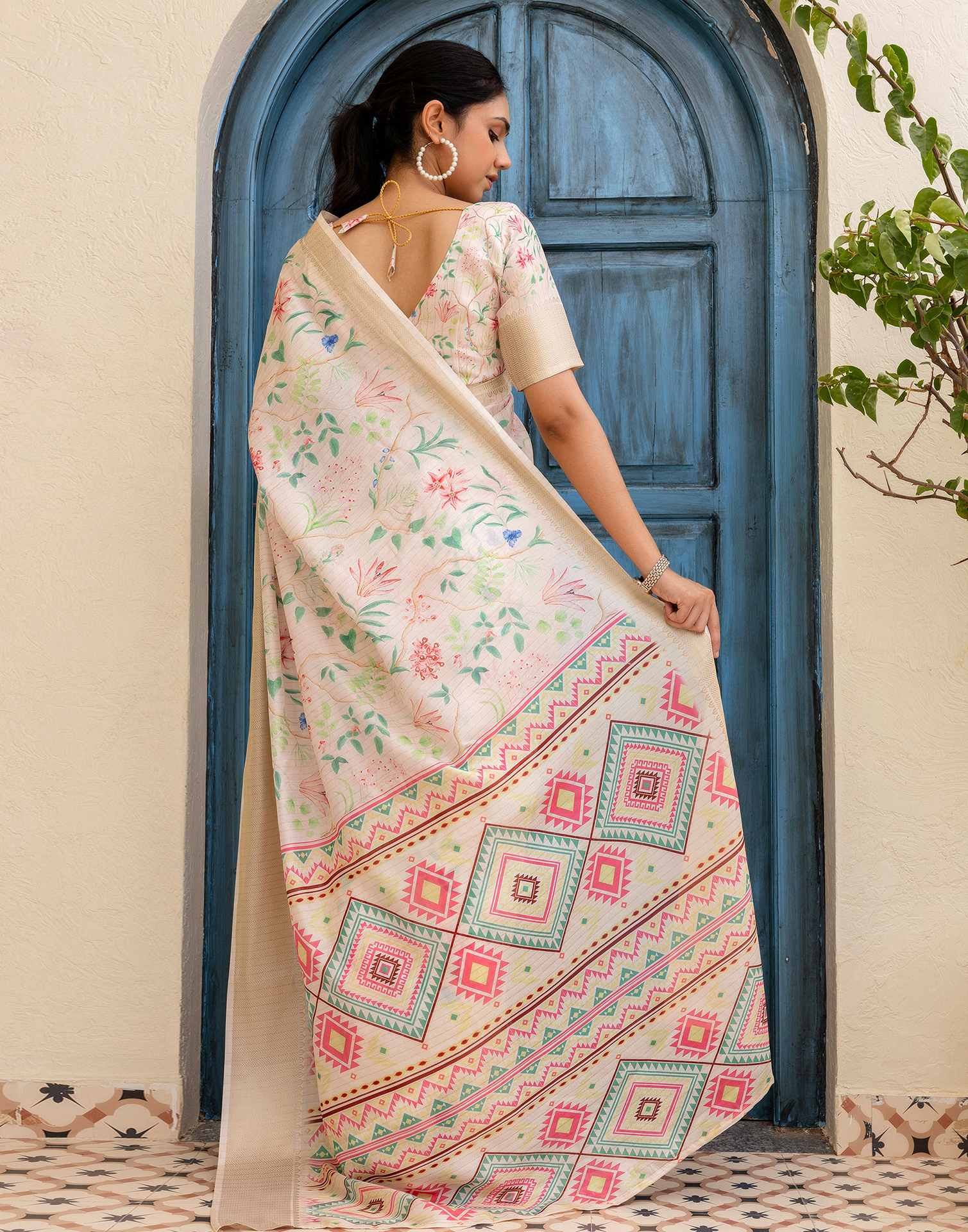Ready To Wear Cream Dola Silk Floral Printed Saree - Image 7