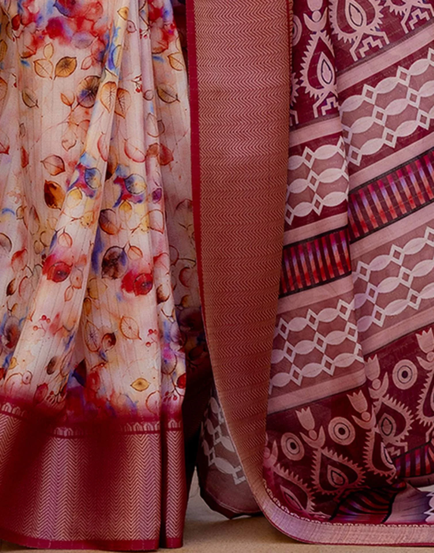 Ready To Wear Cream Dola Silk Woven Border Printed Saree - Image 9