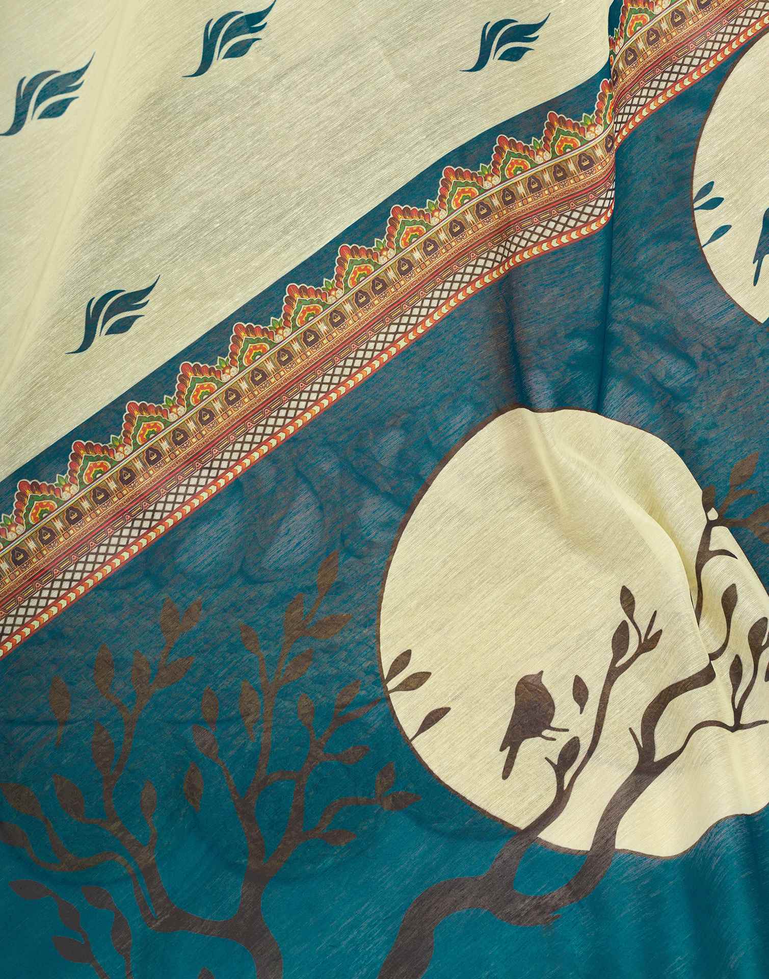 Ready To Wear Cream Linen Printed Saree - Image 10
