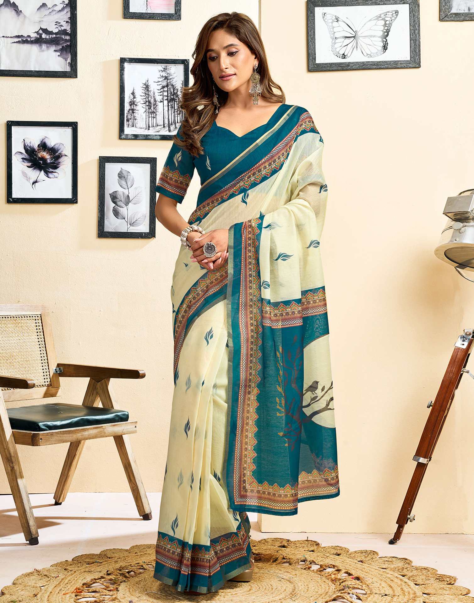 Ready To Wear Cream Linen Printed Saree - Image 5