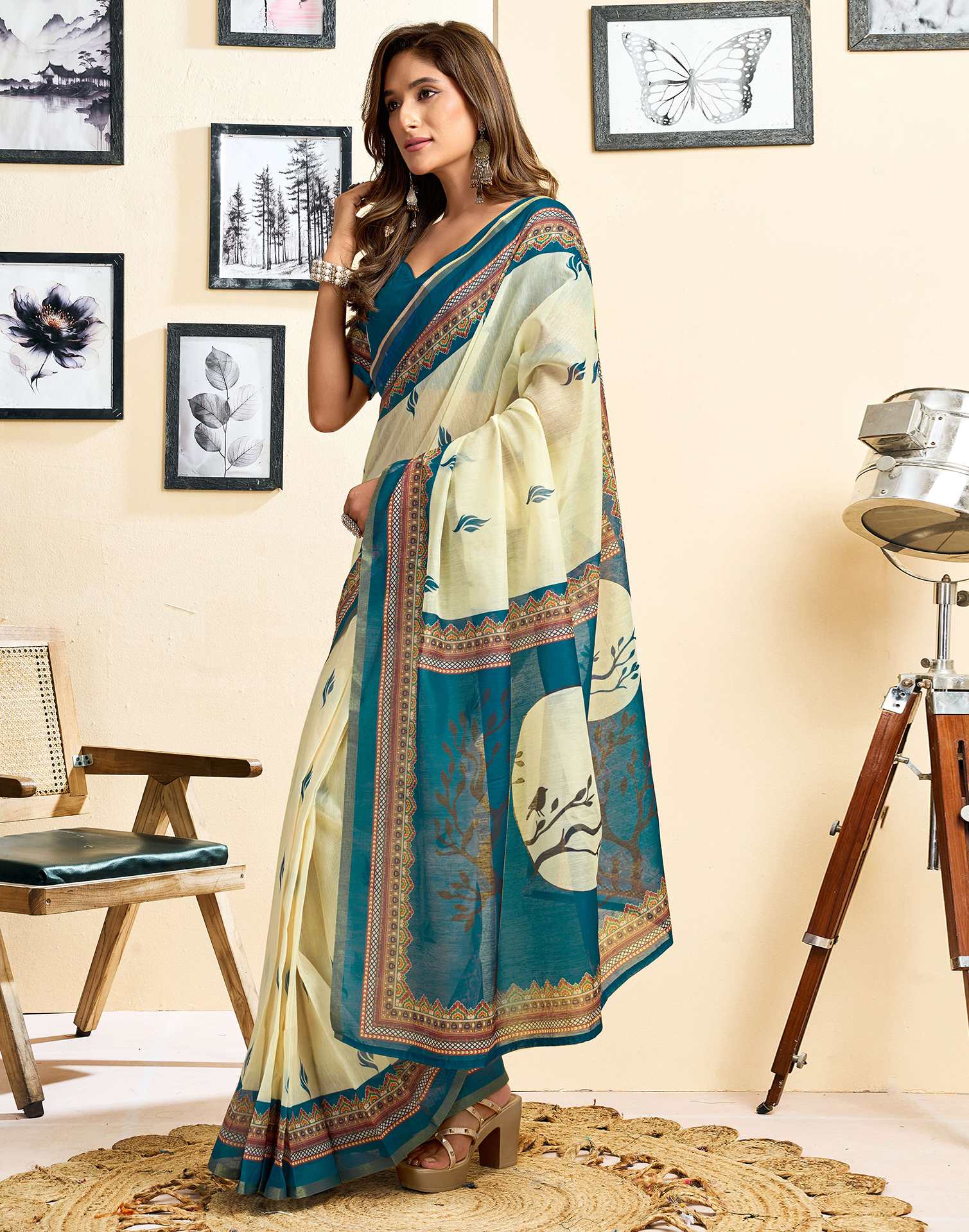 Ready To Wear Cream Linen Printed Saree - Image 6