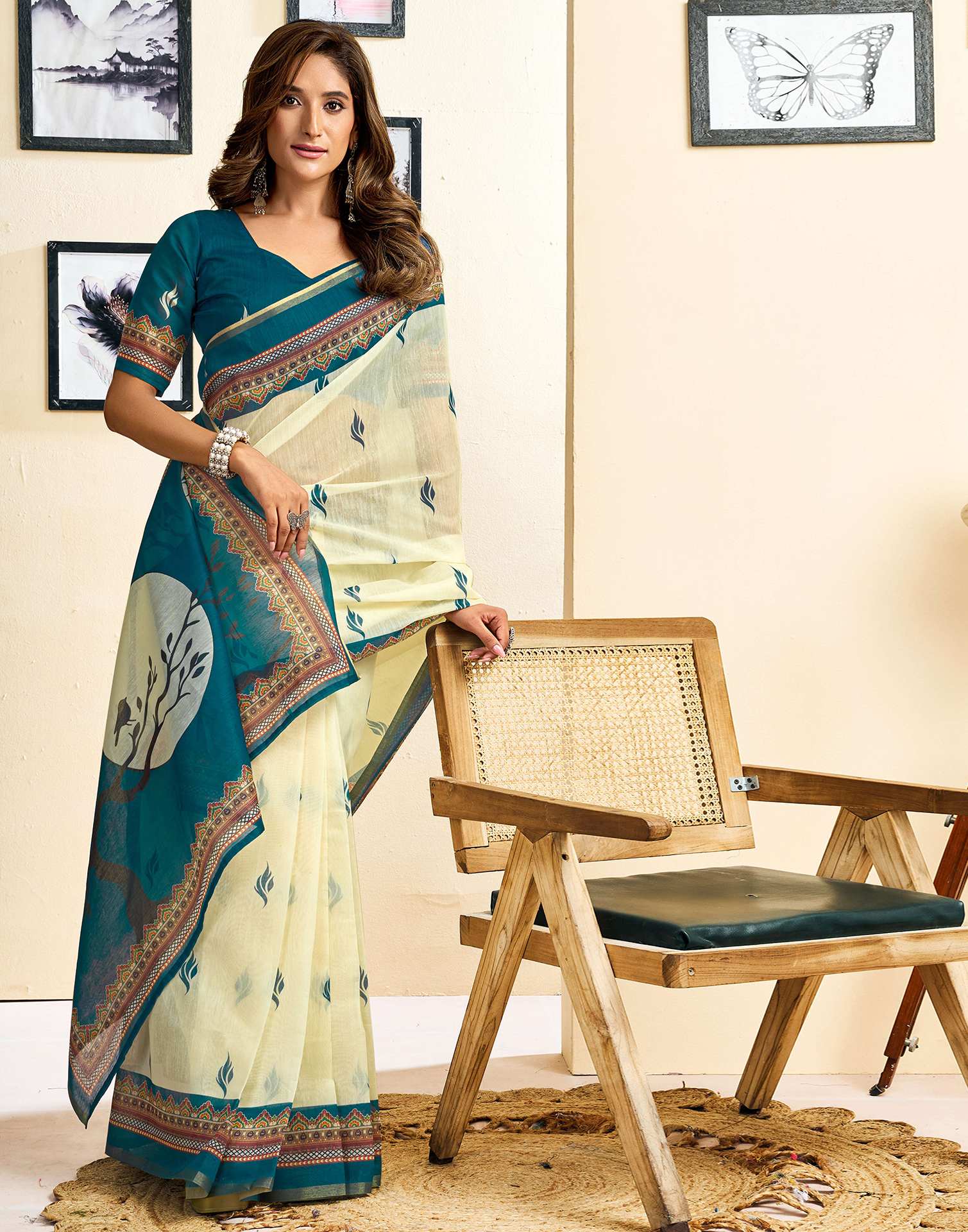Ready To Wear Cream Linen Printed Saree - Image 7