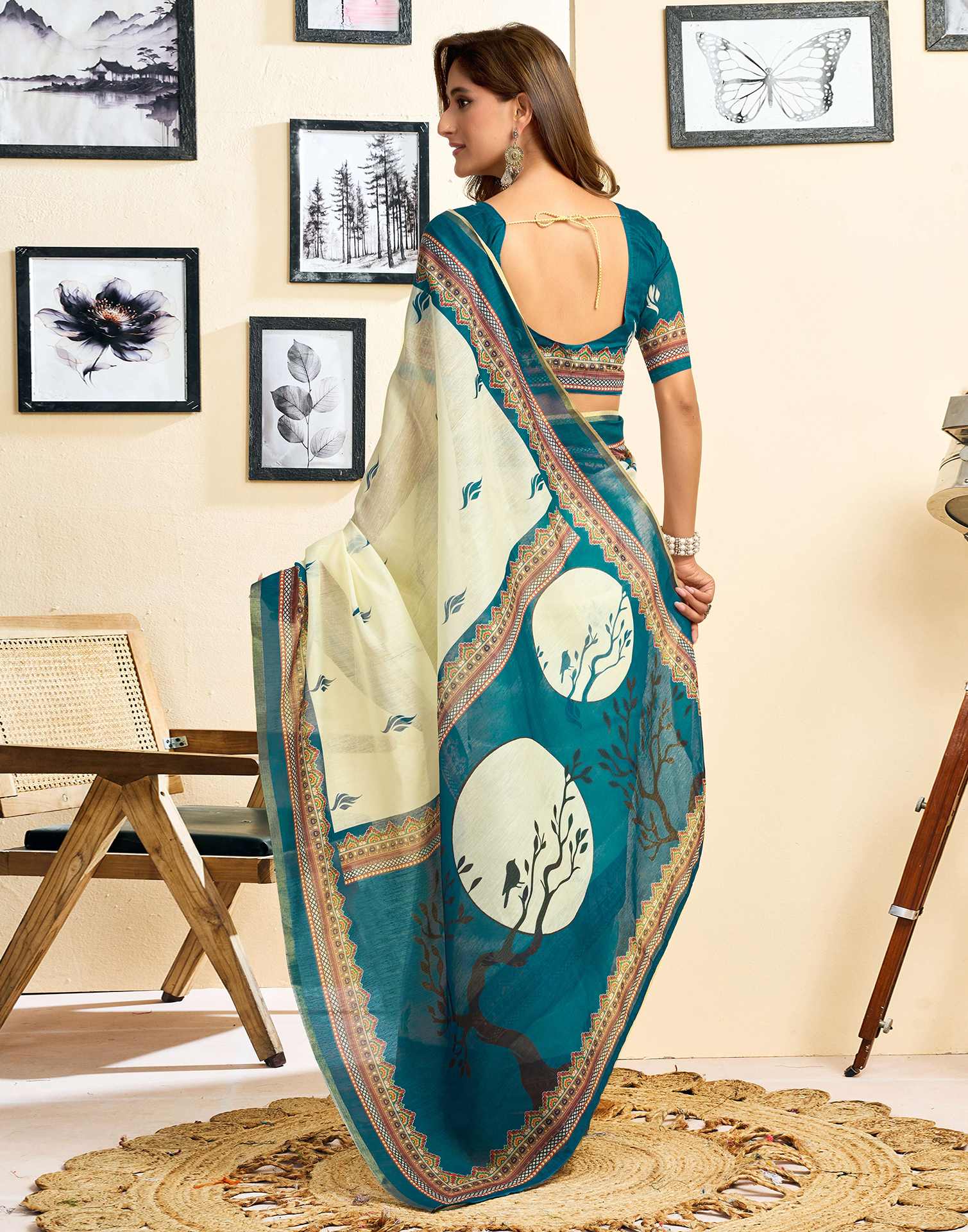 Ready To Wear Cream Linen Printed Saree - Image 8
