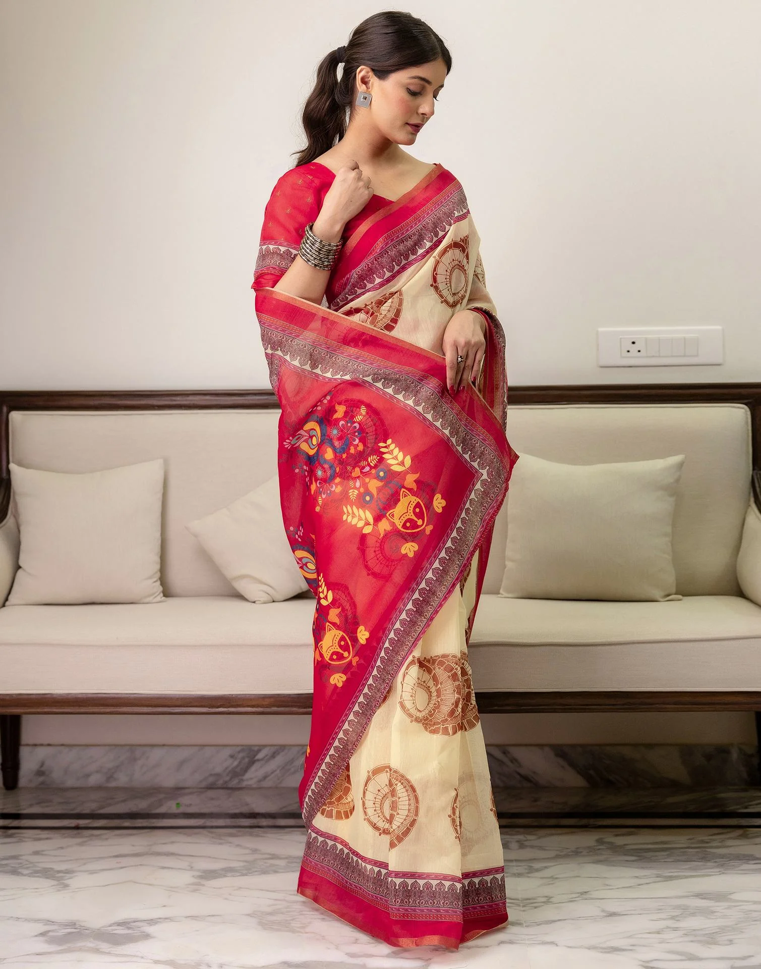 Ready To Wear Cream Linen Printed Saree - Image 7