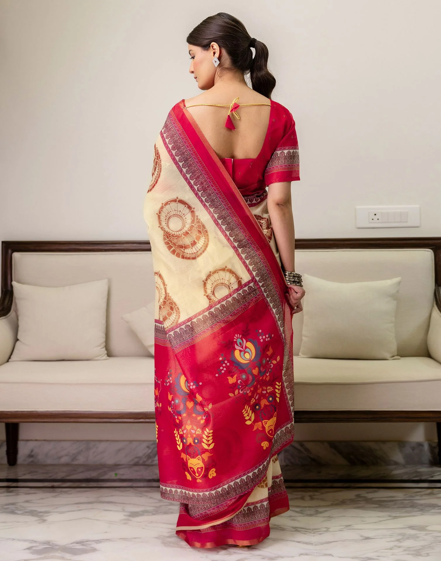 Ready To Wear Cream Linen Printed Saree - Image 8