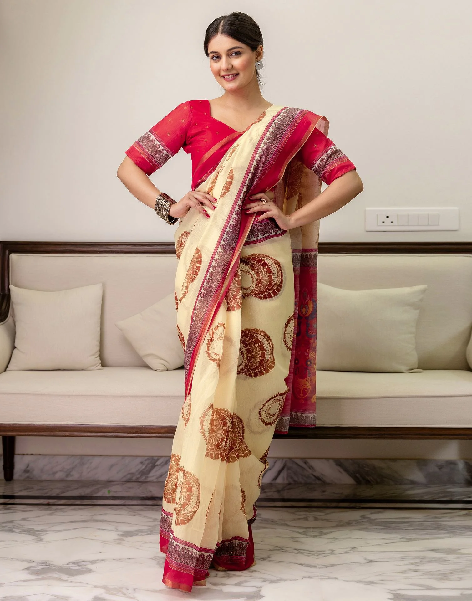 Ready To Wear Cream Linen Printed Saree - Image 9