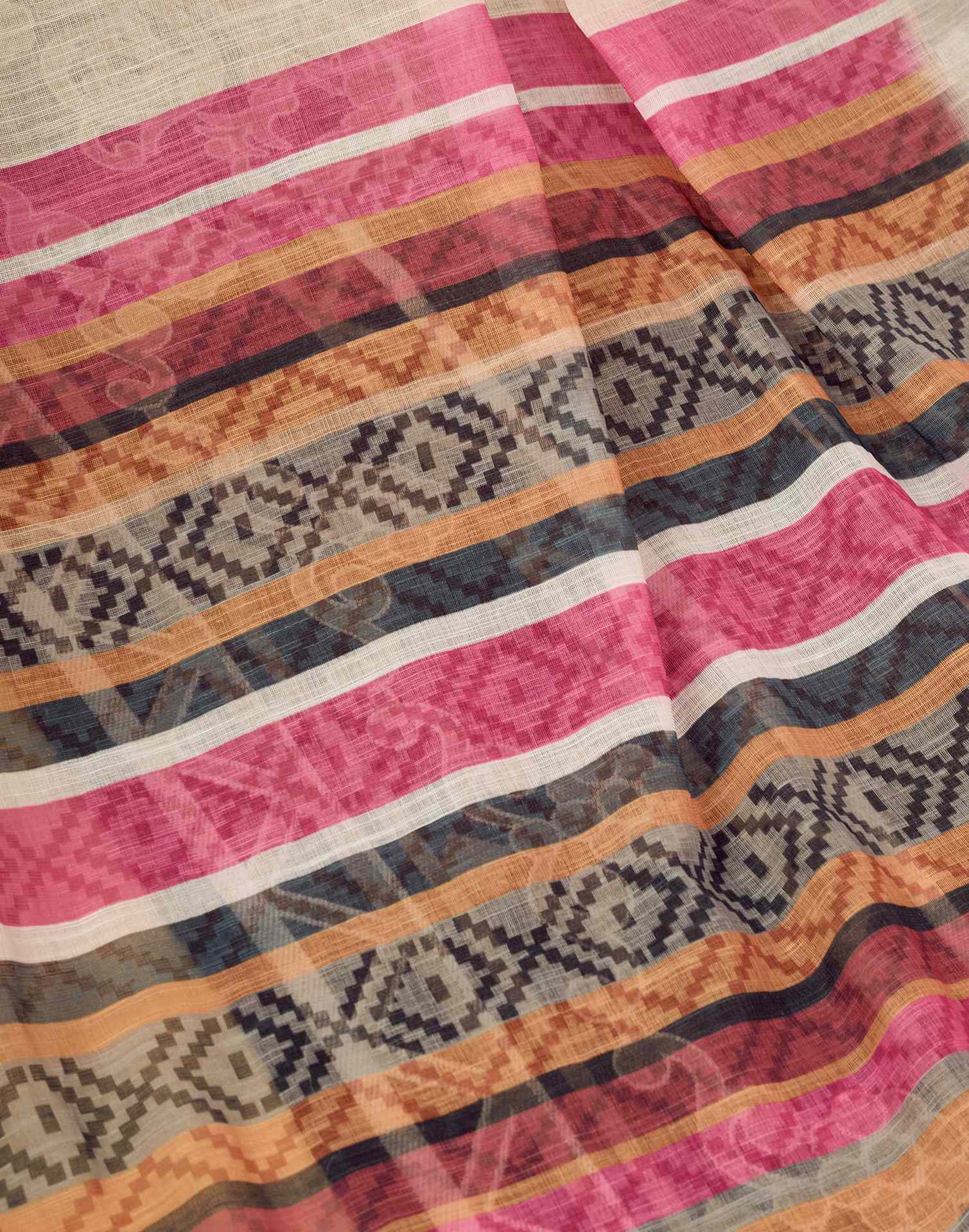 Ready To Wear Cream Linen Printed Saree With Pocket - Image 12