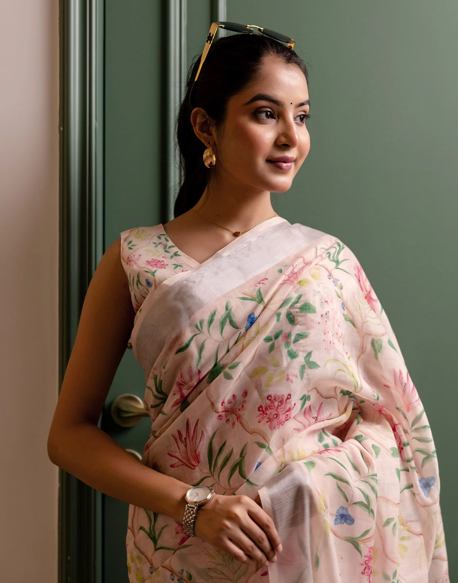 Ready To Wear Cream Linen Woven Border Printed Saree - Image 4