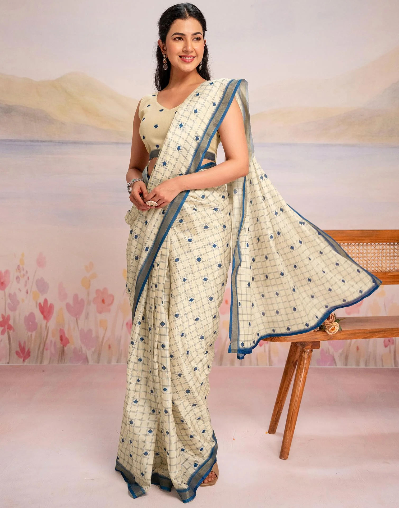Ready To Wear Cream Silk Printed Saree - Image 10